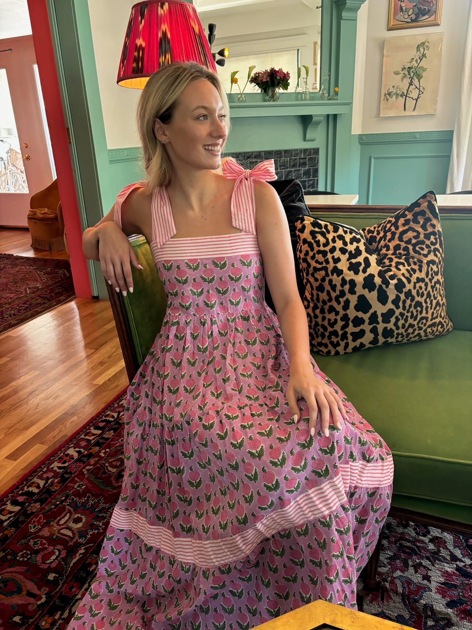 Maisie Maxi Dress in Pink Posy block print