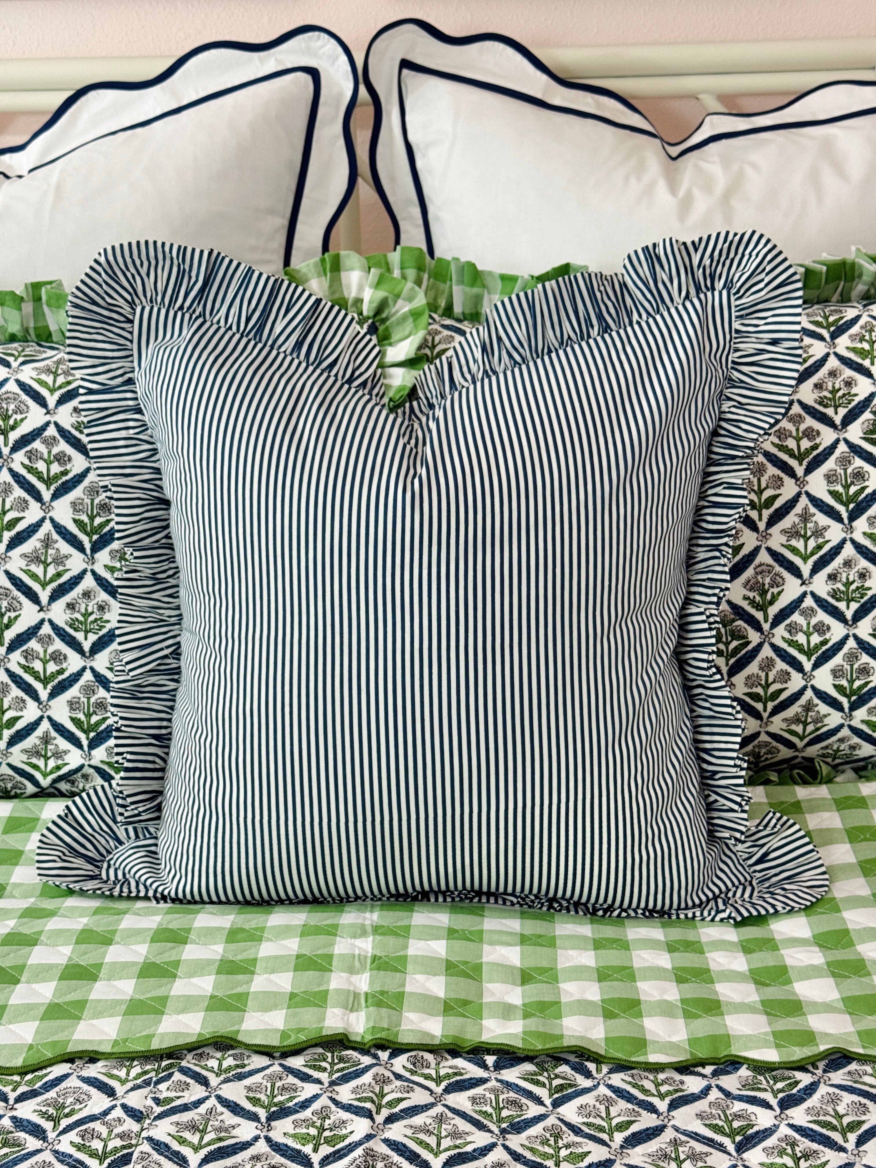 Blue and green floral trellis block print bedding collection