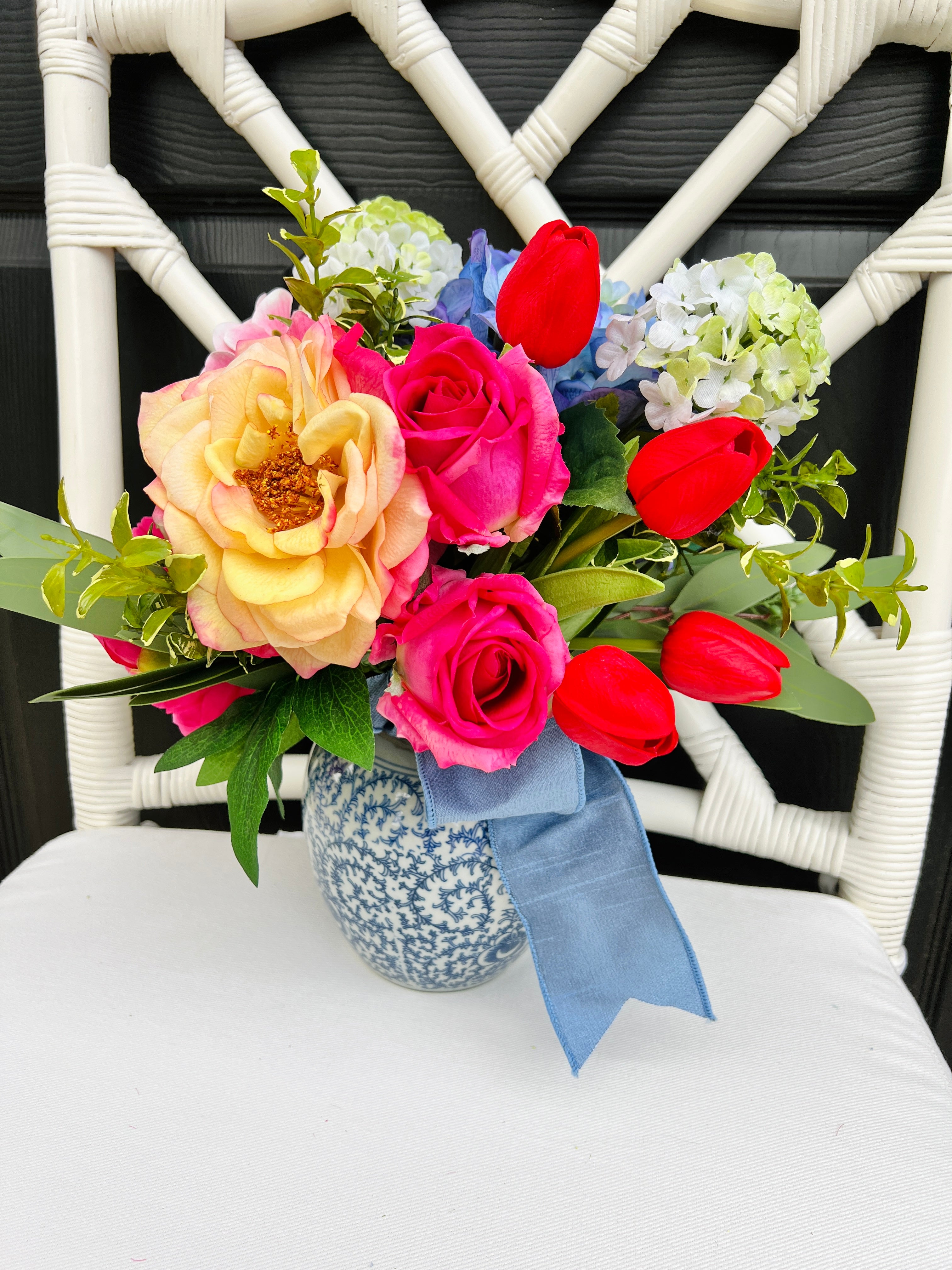 Faux flower drop-in bouquet arrangement, bright colors mixed floral