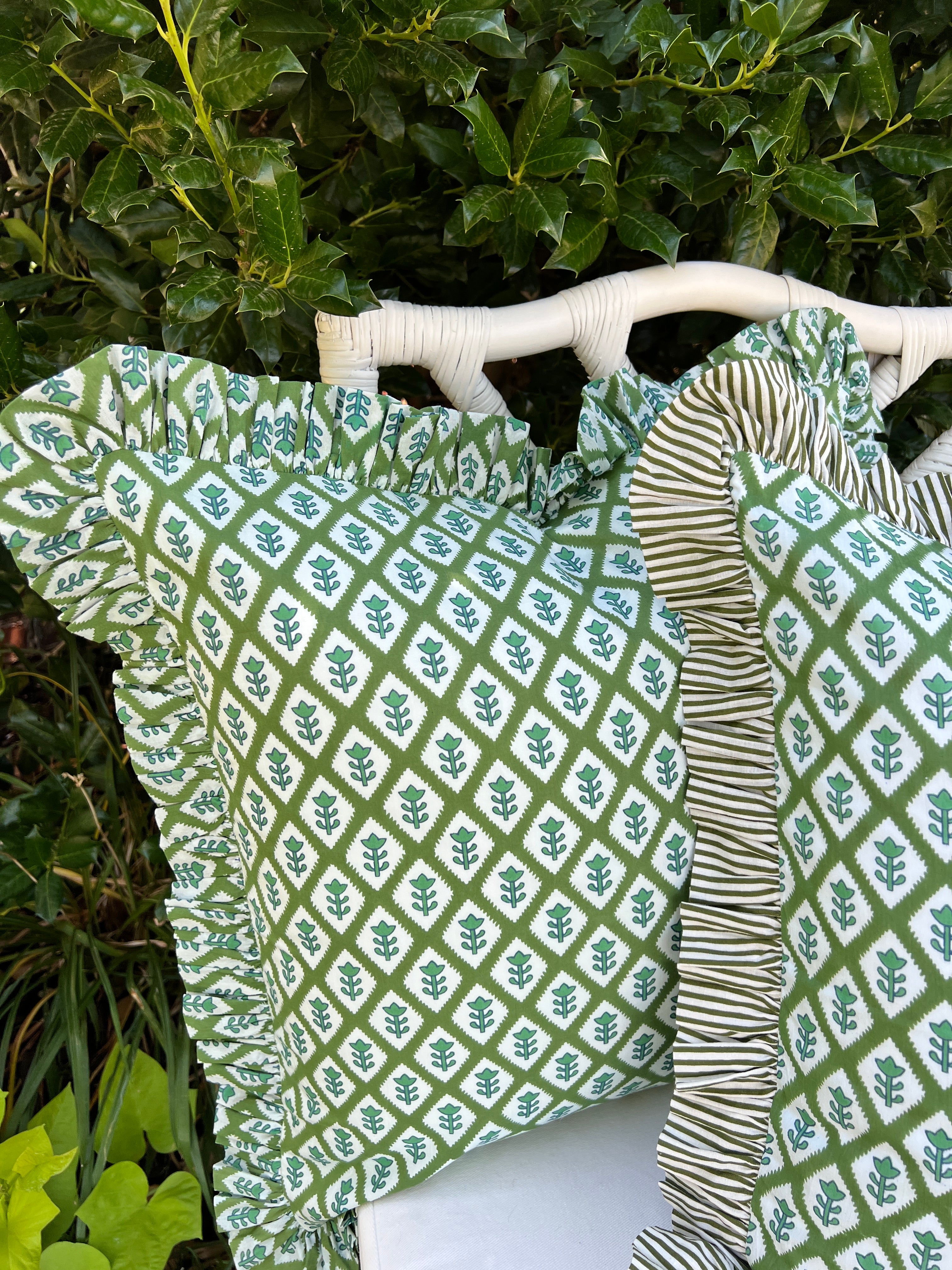 Green block print pillow cover with ruffle flange