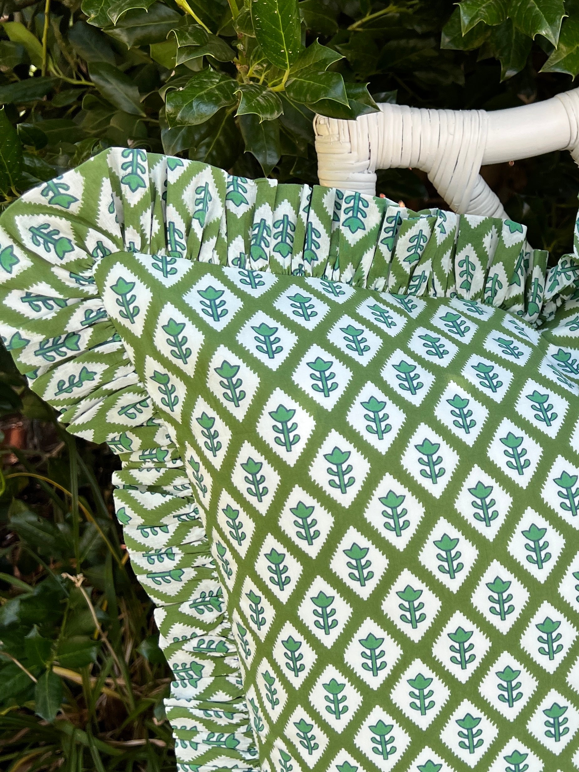 Green block print pillow cover with ruffle flange