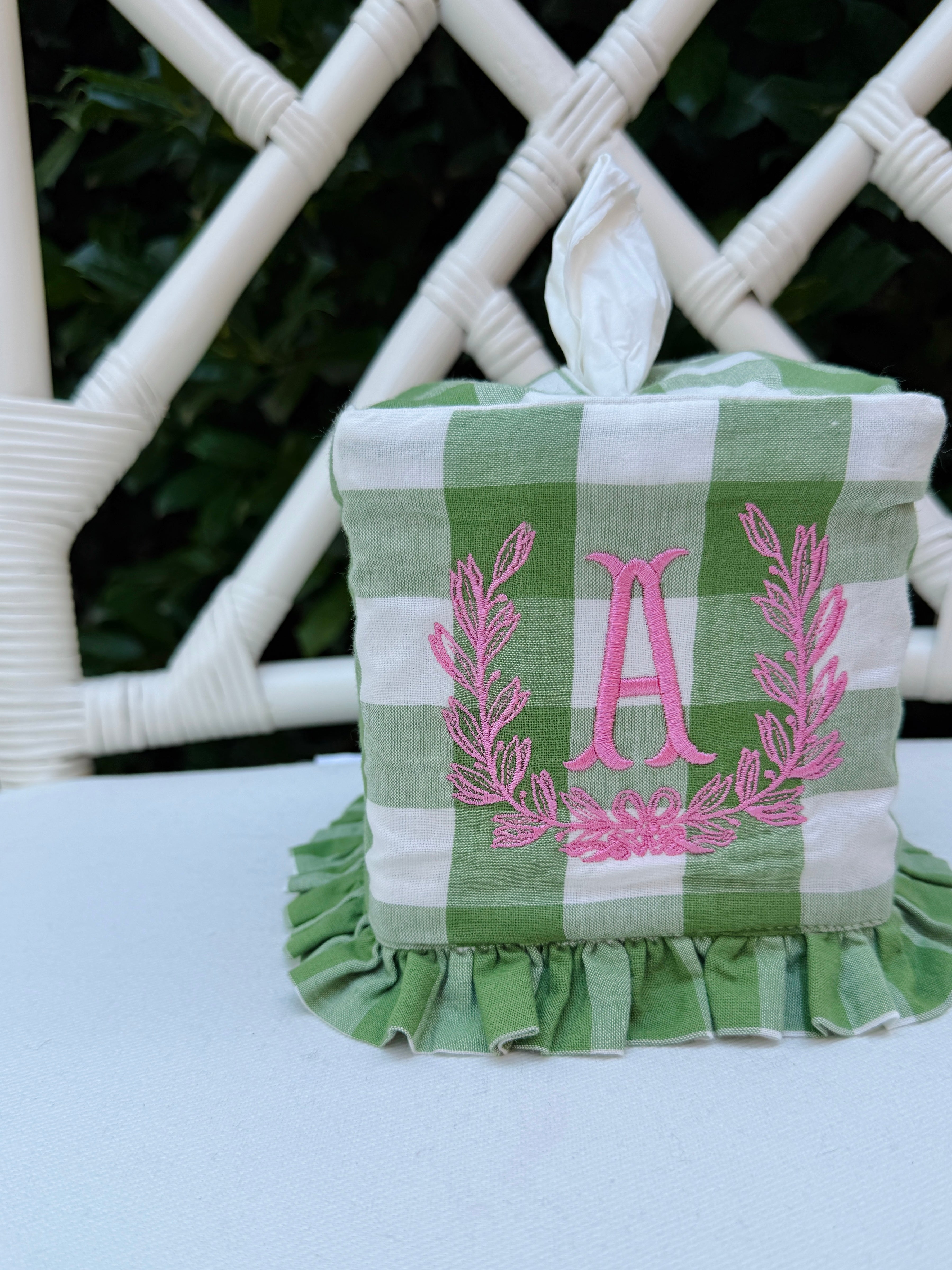 Fern green check ruffle tissue cover, custom monogram available