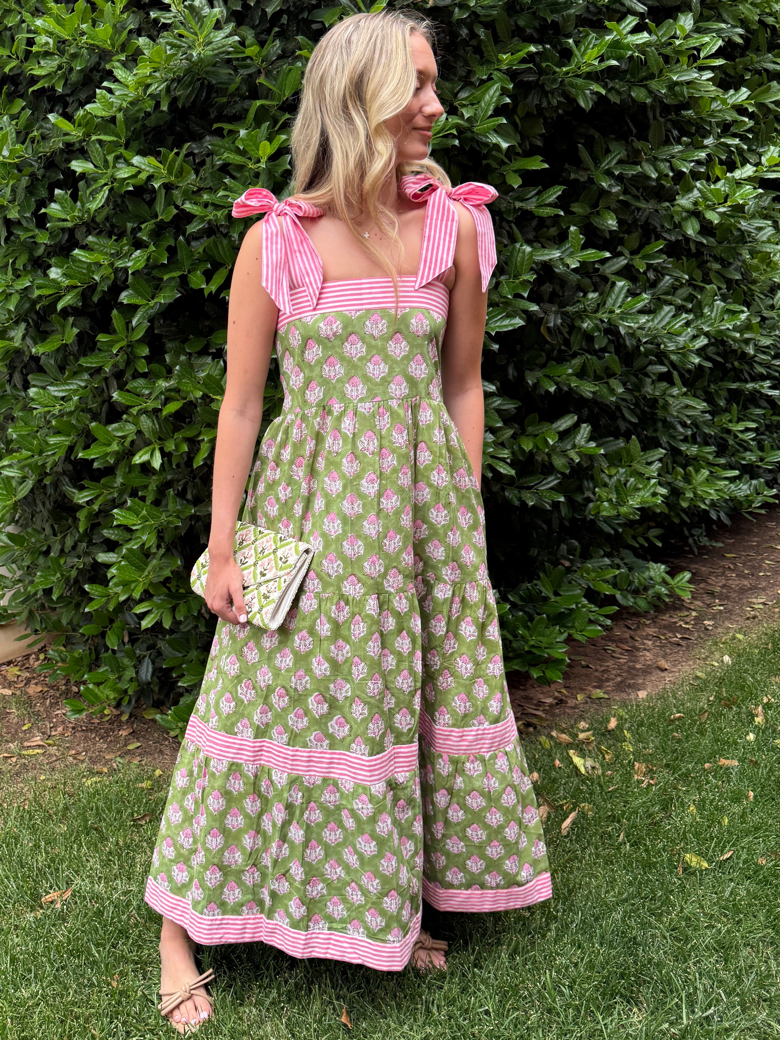 Hand beaded pink and green block print floral clutch
