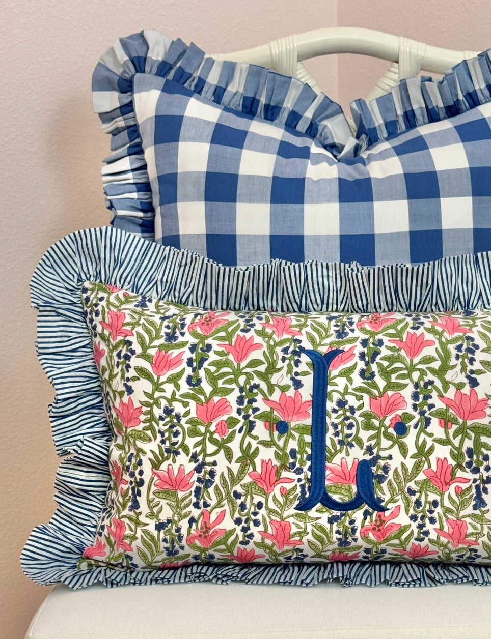 Blue, pink, and green floral pillow cover, two sizes