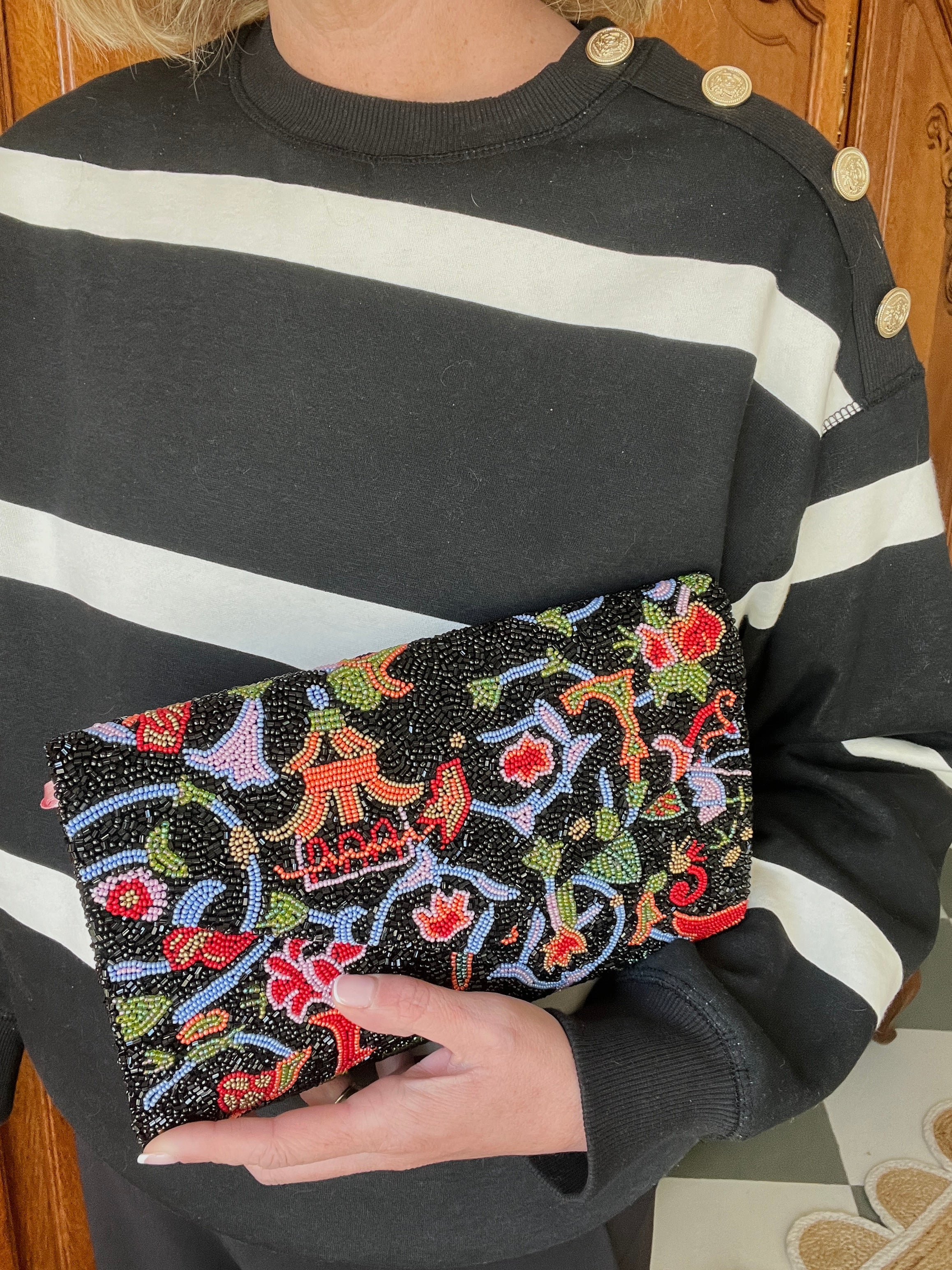 Hand beaded clutch handbag, black chinoiserie pattern