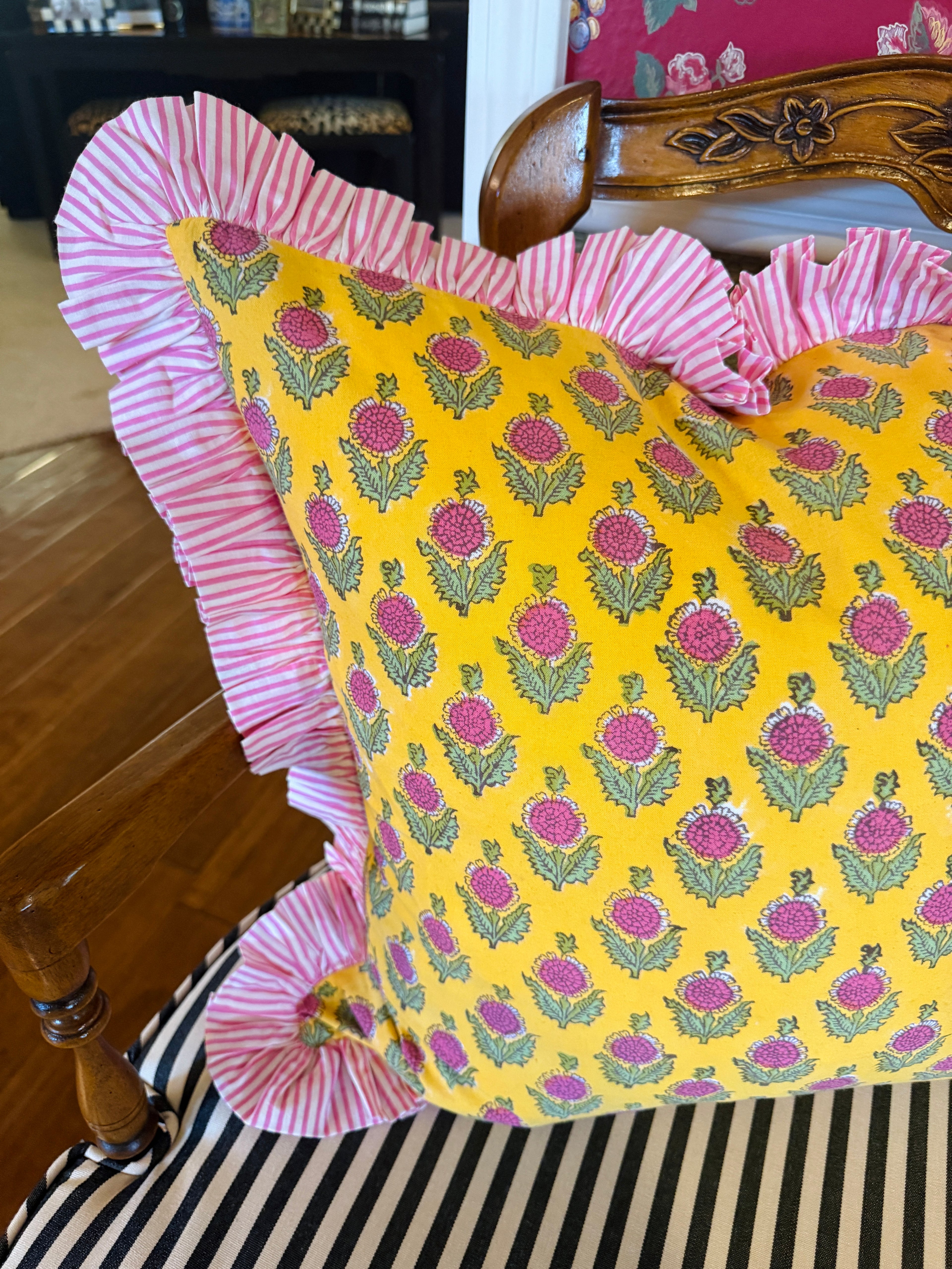 Yellow and pink block print floral pillow cover with pink striped ruffle, monogram available