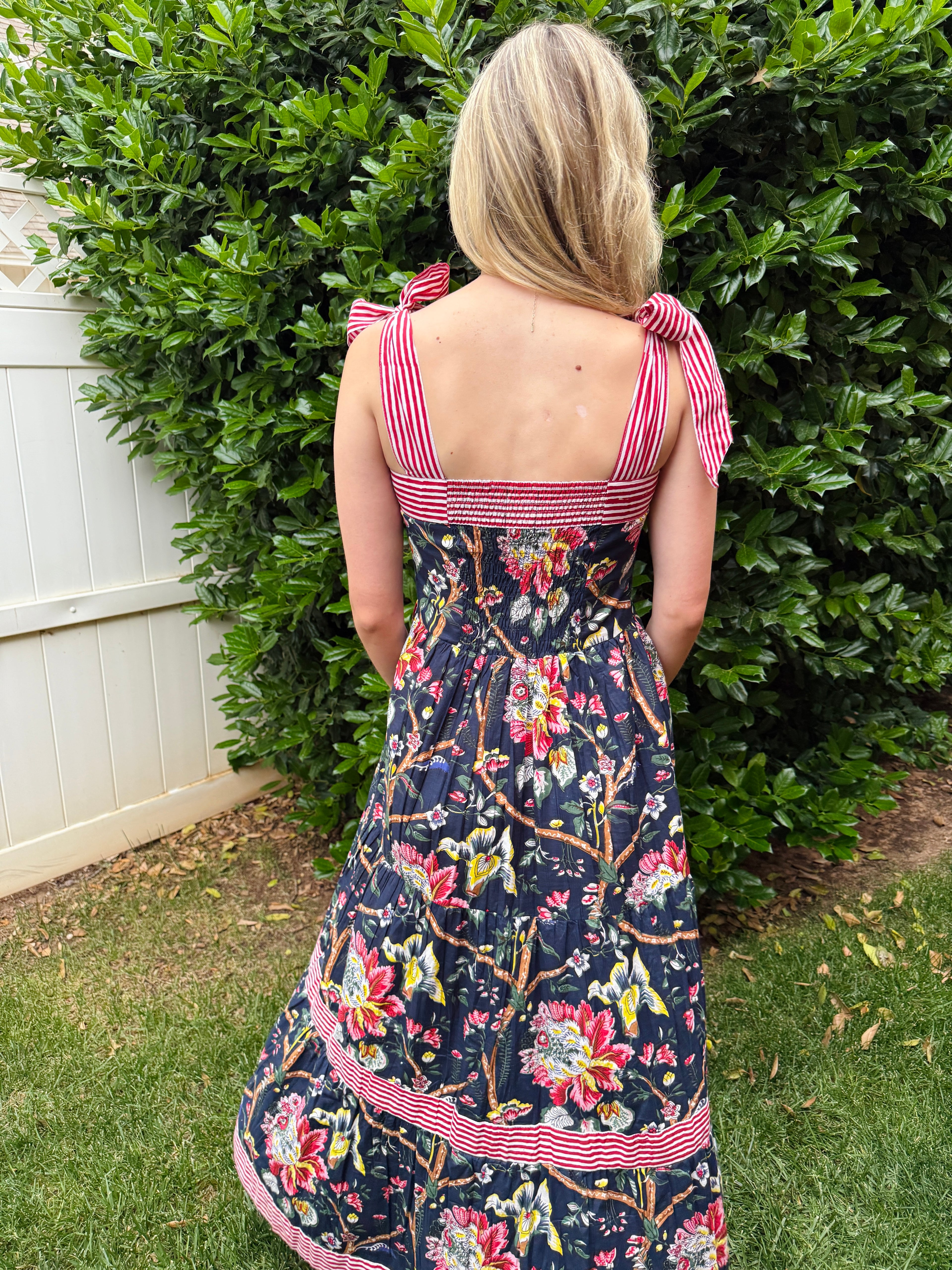 Maisie Maxi Dress in Navy English Floral block print