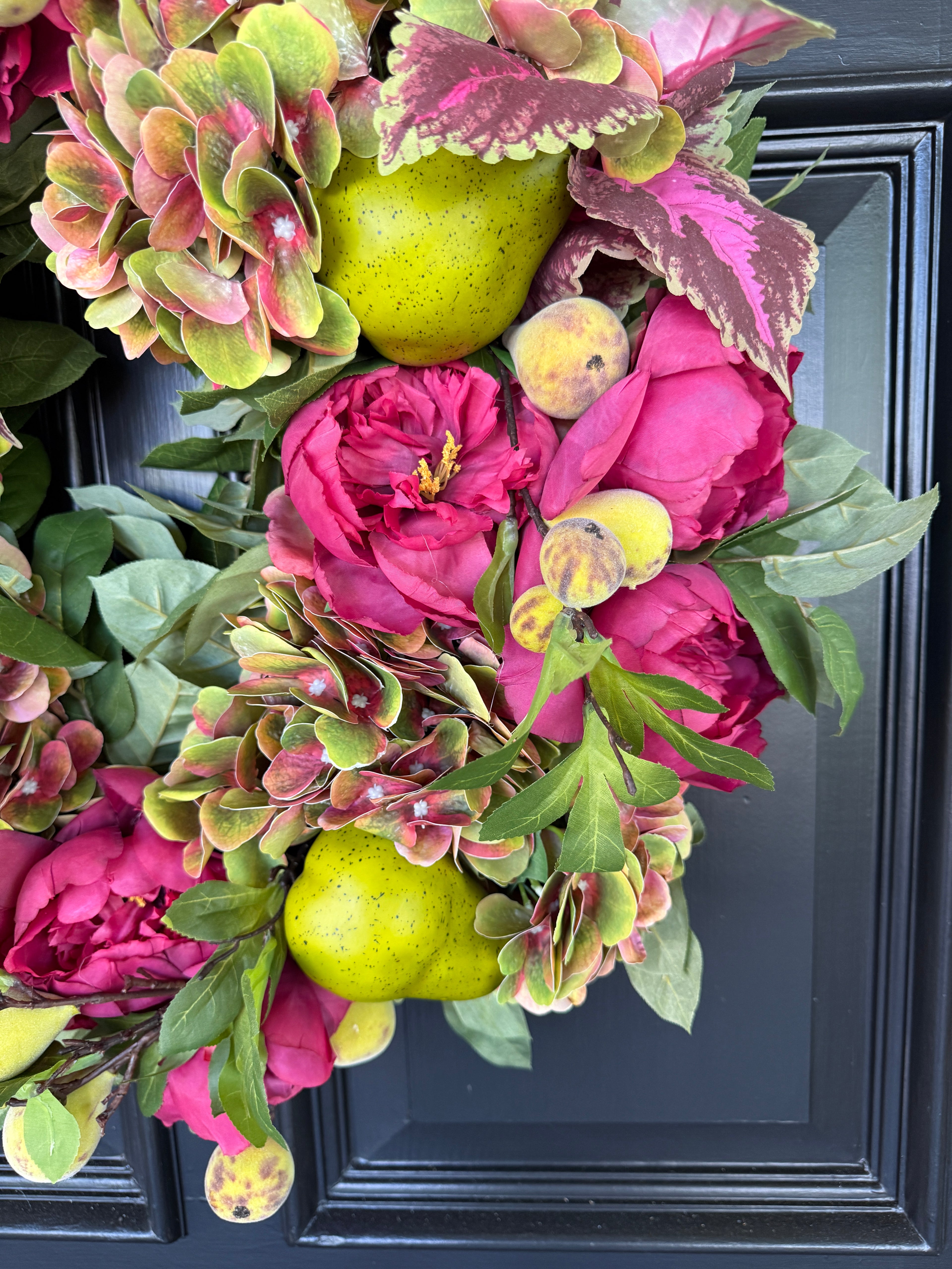 Magenta and pear green hydrangea and coleus floral wreath