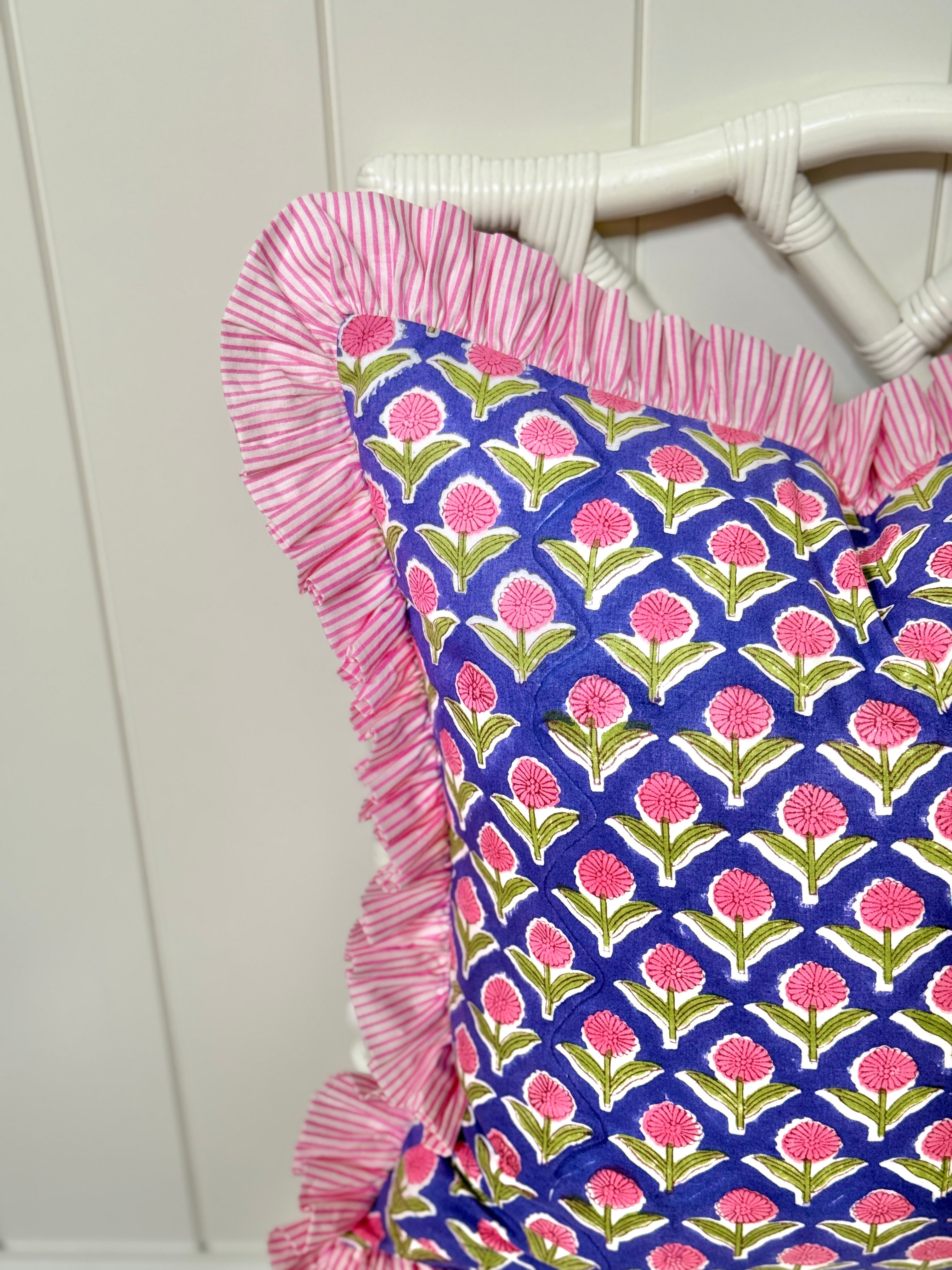 Violet and pink block print floral pillow cover, monogram available