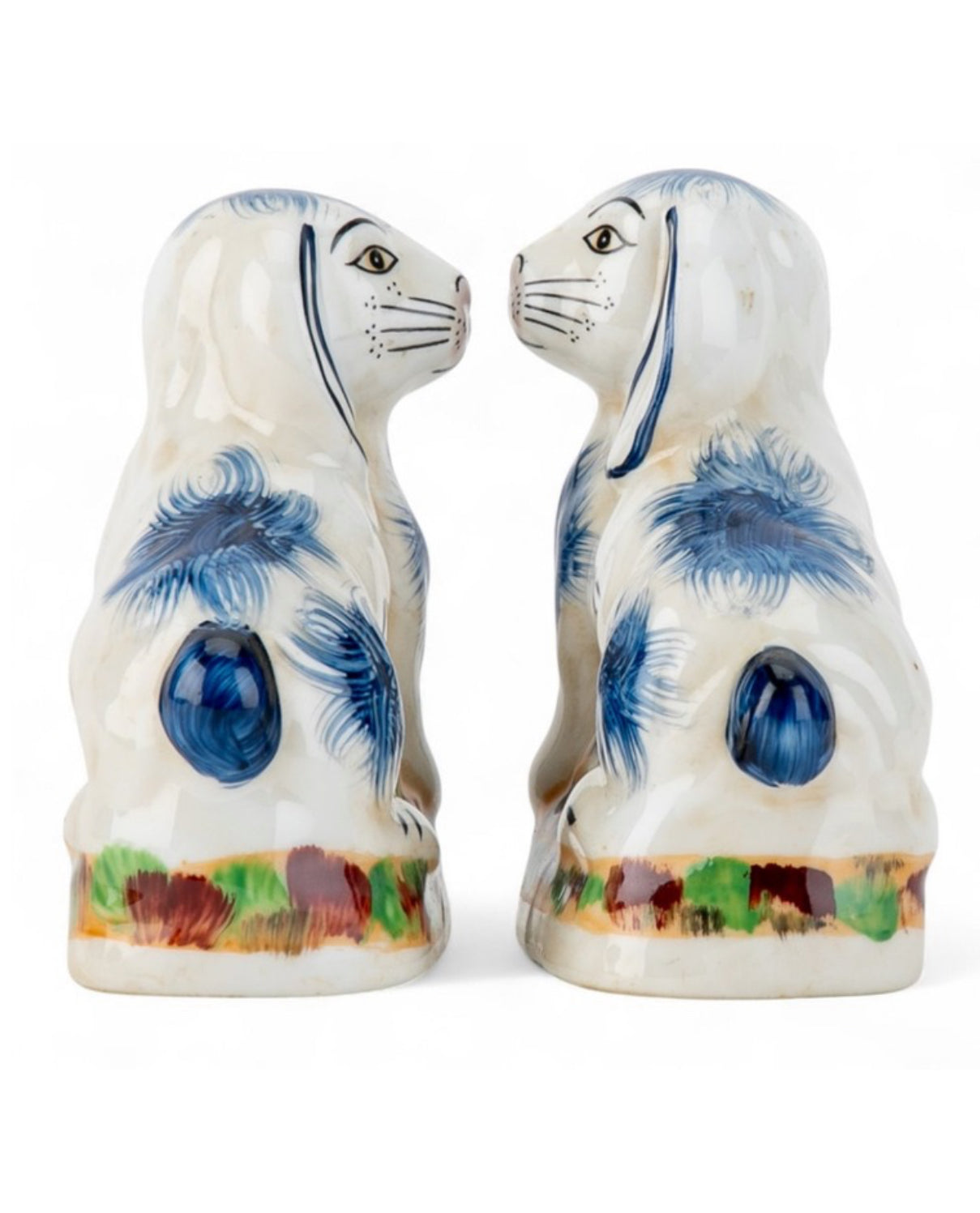 Mini blue porcelain Staffordshire bunny figurine pair