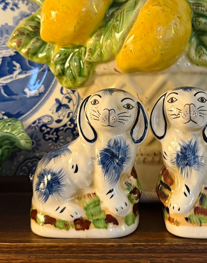 Mini blue porcelain Staffordshire bunny figurine pair