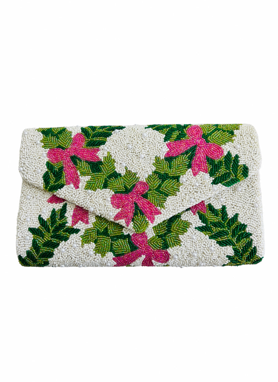 Hand beaded pink bows and green trellis clutch