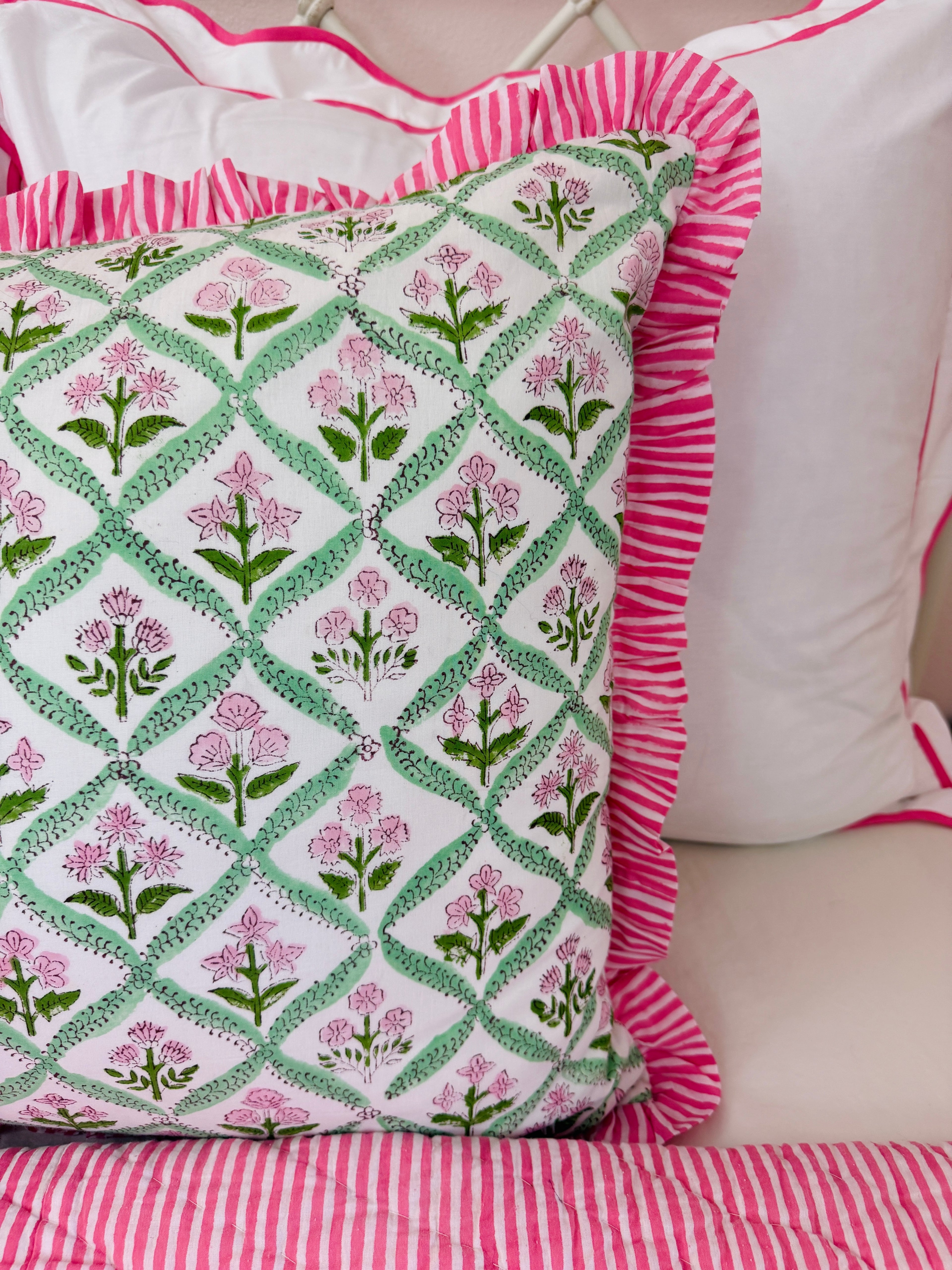 Hot pink and green floral trellis block print bedding collection