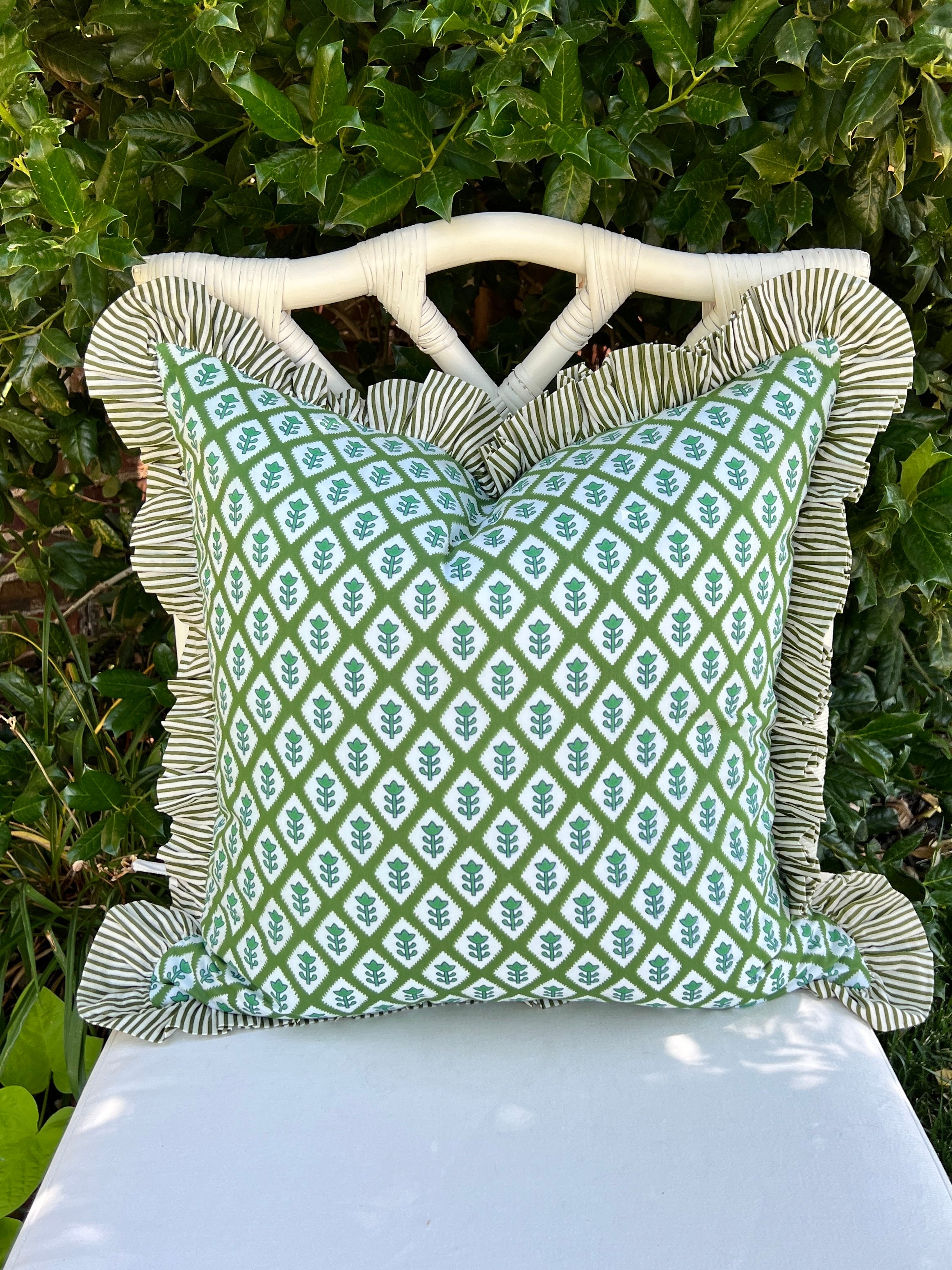 Green block print pillow cover with ruffle flange