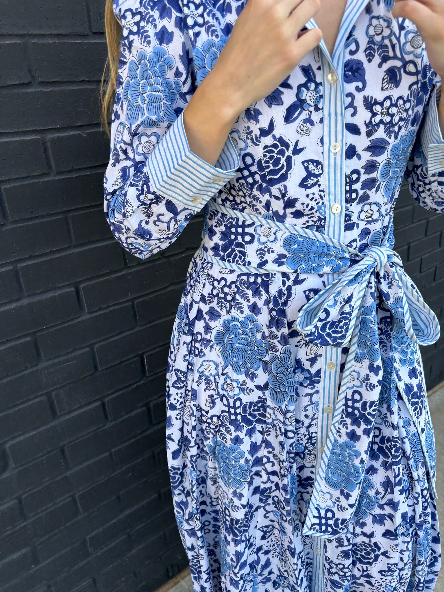 The Mary maxi shirtdress in blue and white porcelain block print
