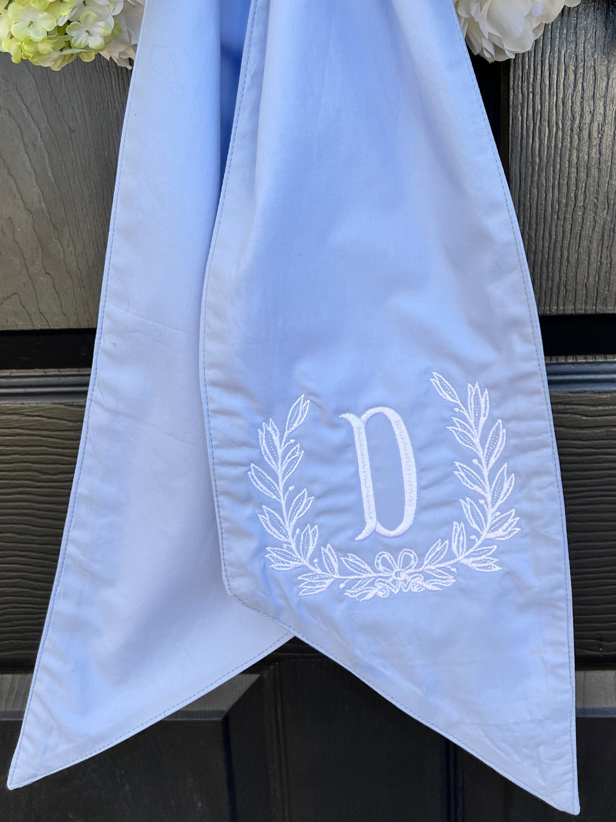 Light blue cotton wreath sash, two sizes, monogram available