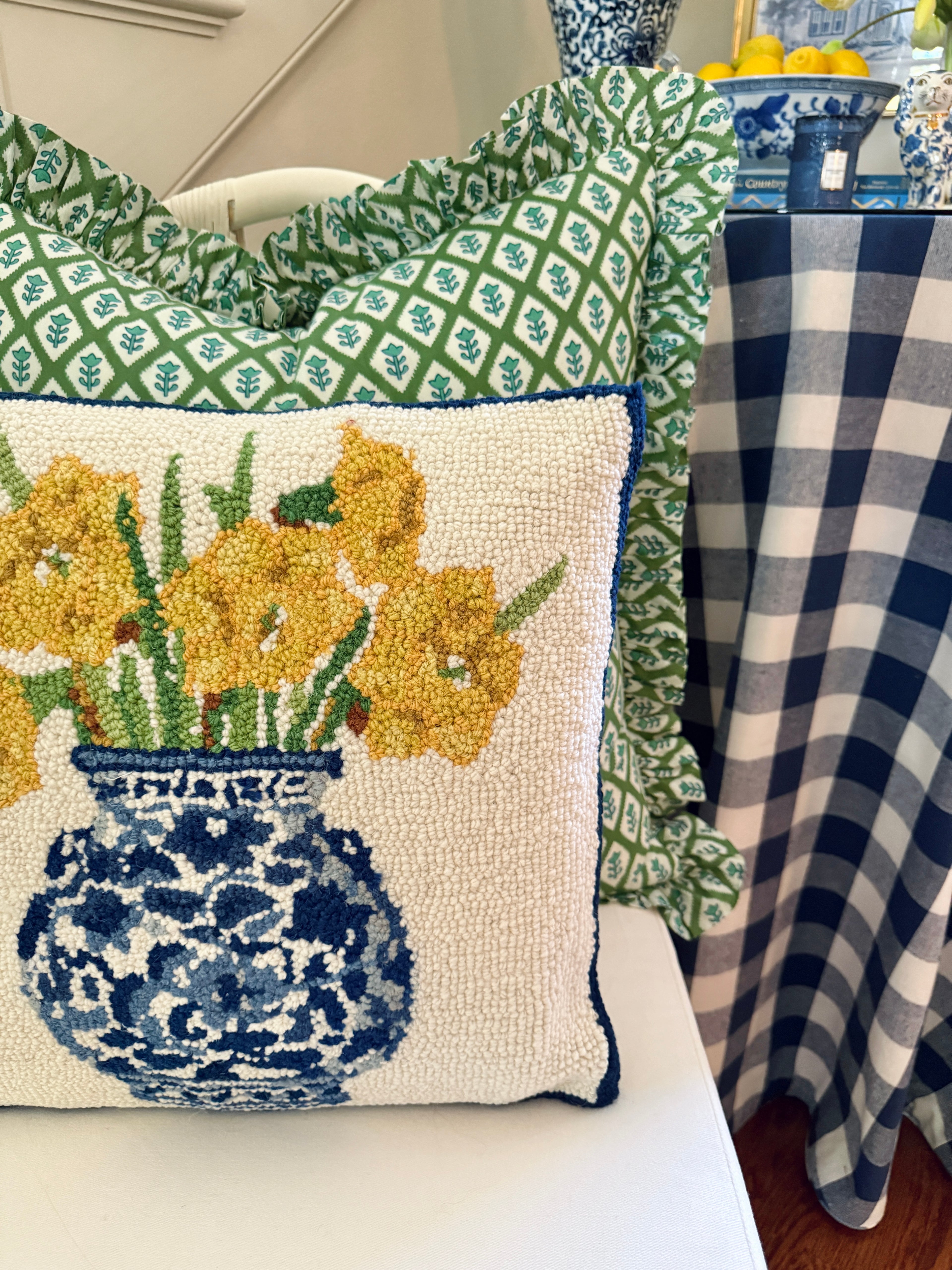 Hand hooked wool yellow daffodils and chinoiserie pillow