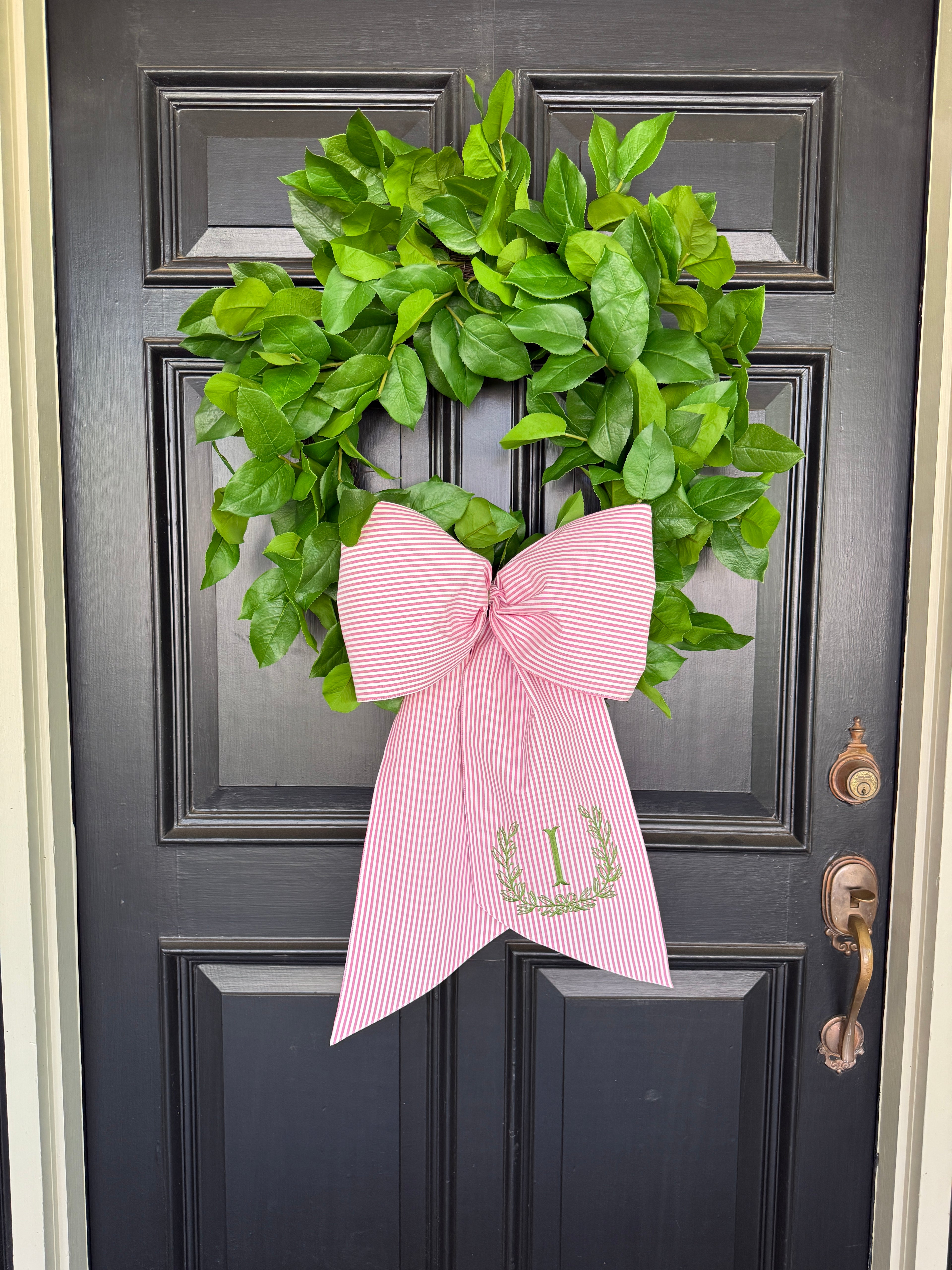 Pink striped jumbow wreath sash monogram available