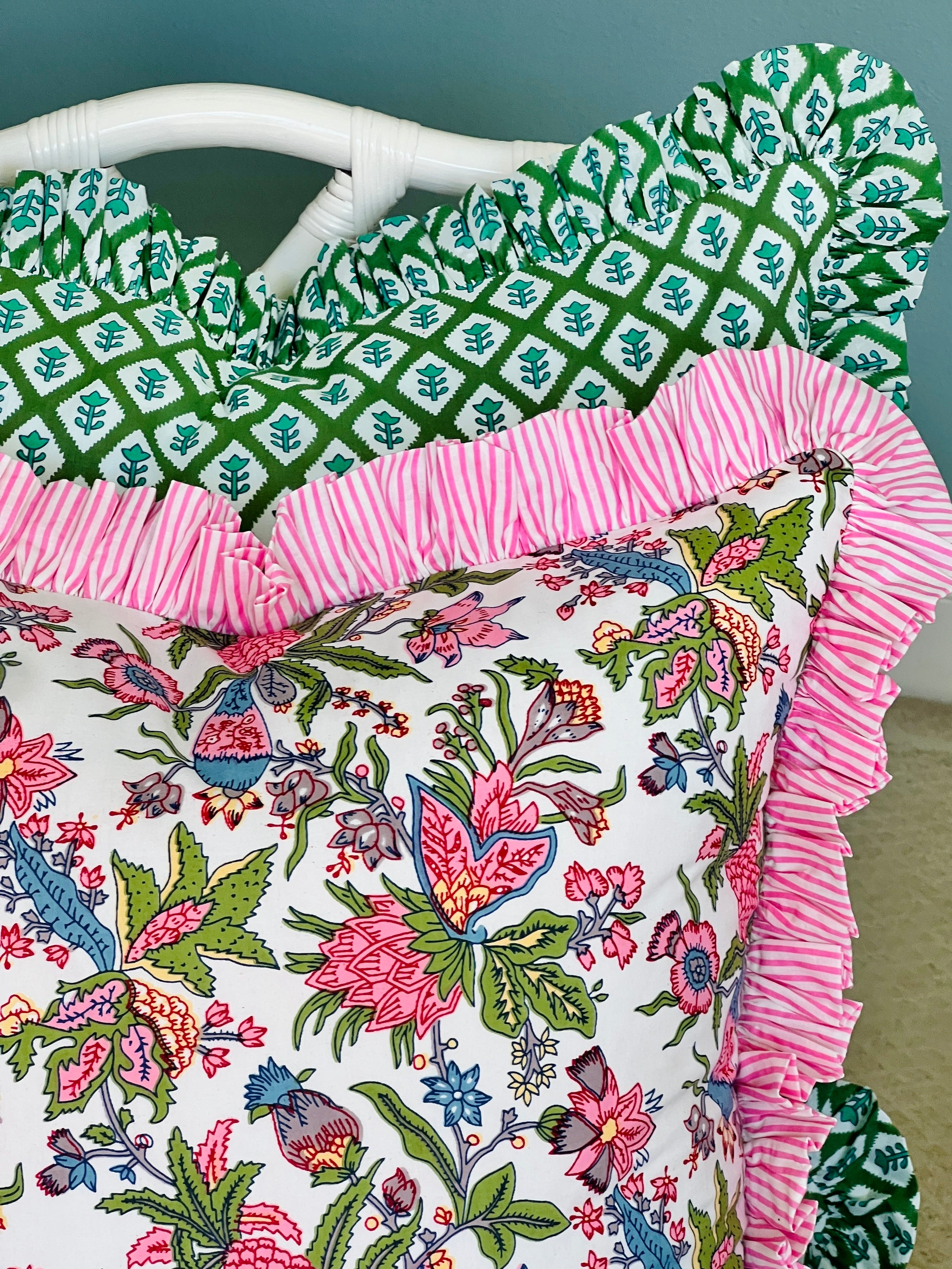 Gigi floral pillow cover with pink striped ruffle trim, 3 colors