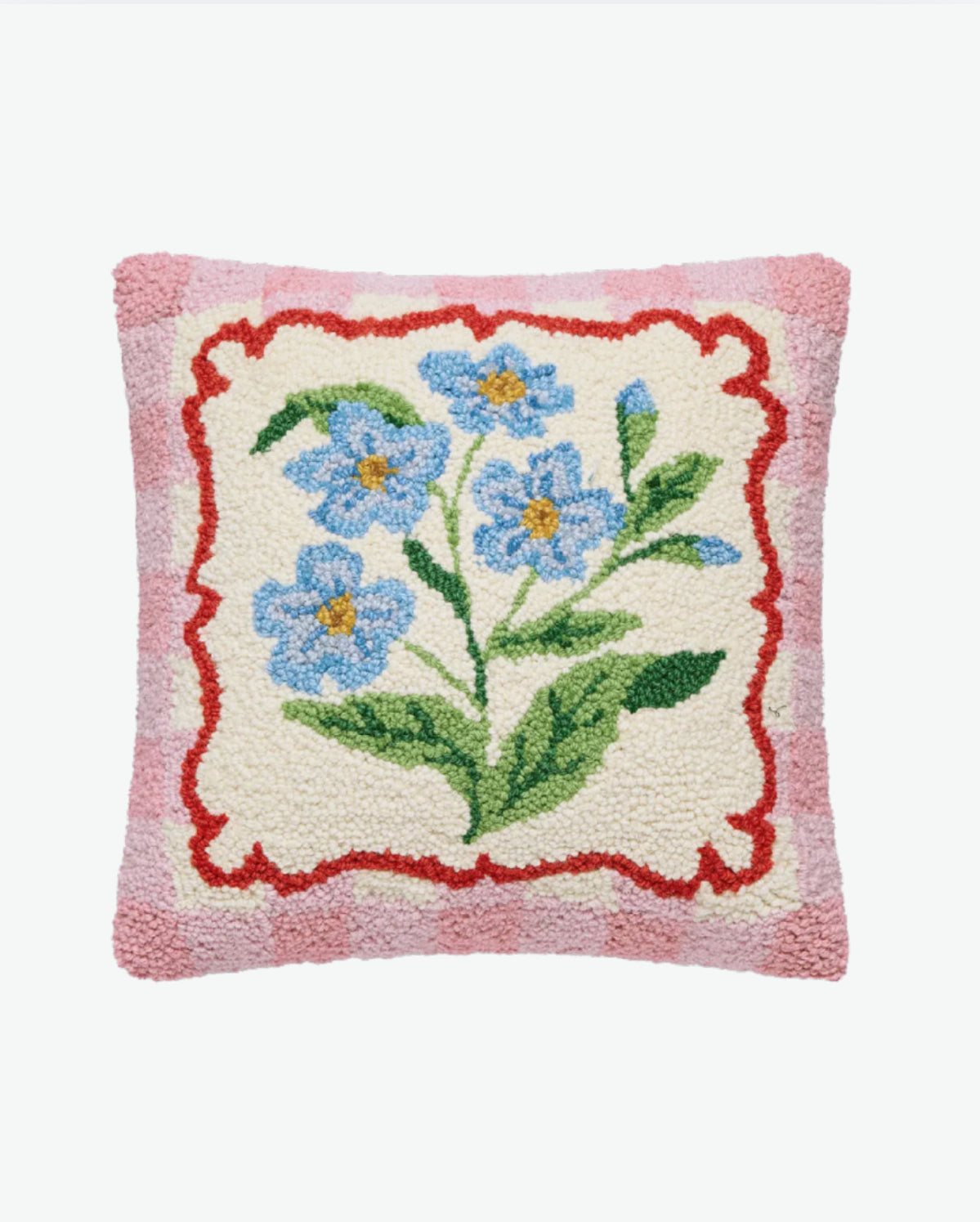Blue flowers and pink gingham hand hooked pillow