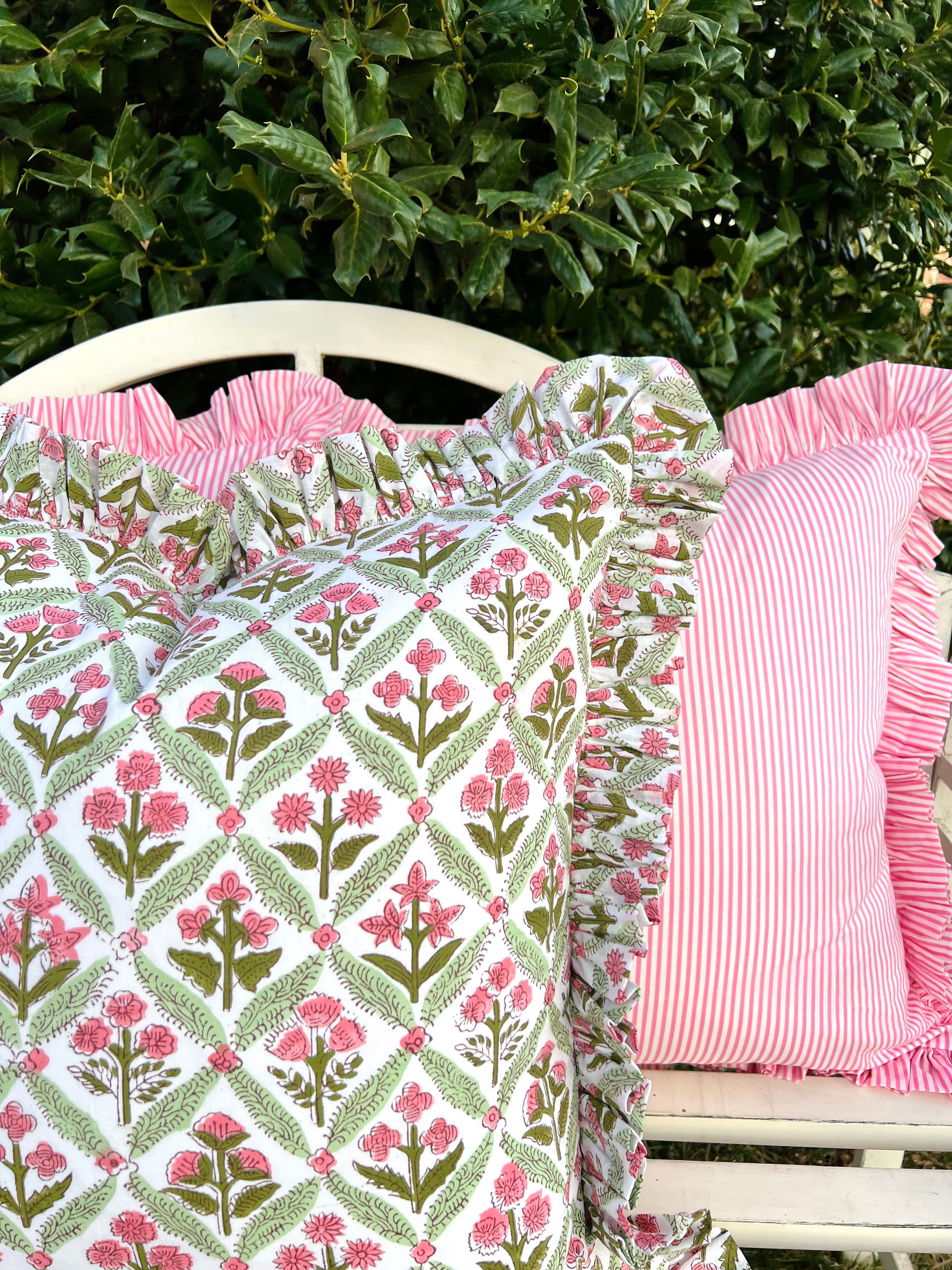 Rose and green floral trellis block print ruffle pillow cover