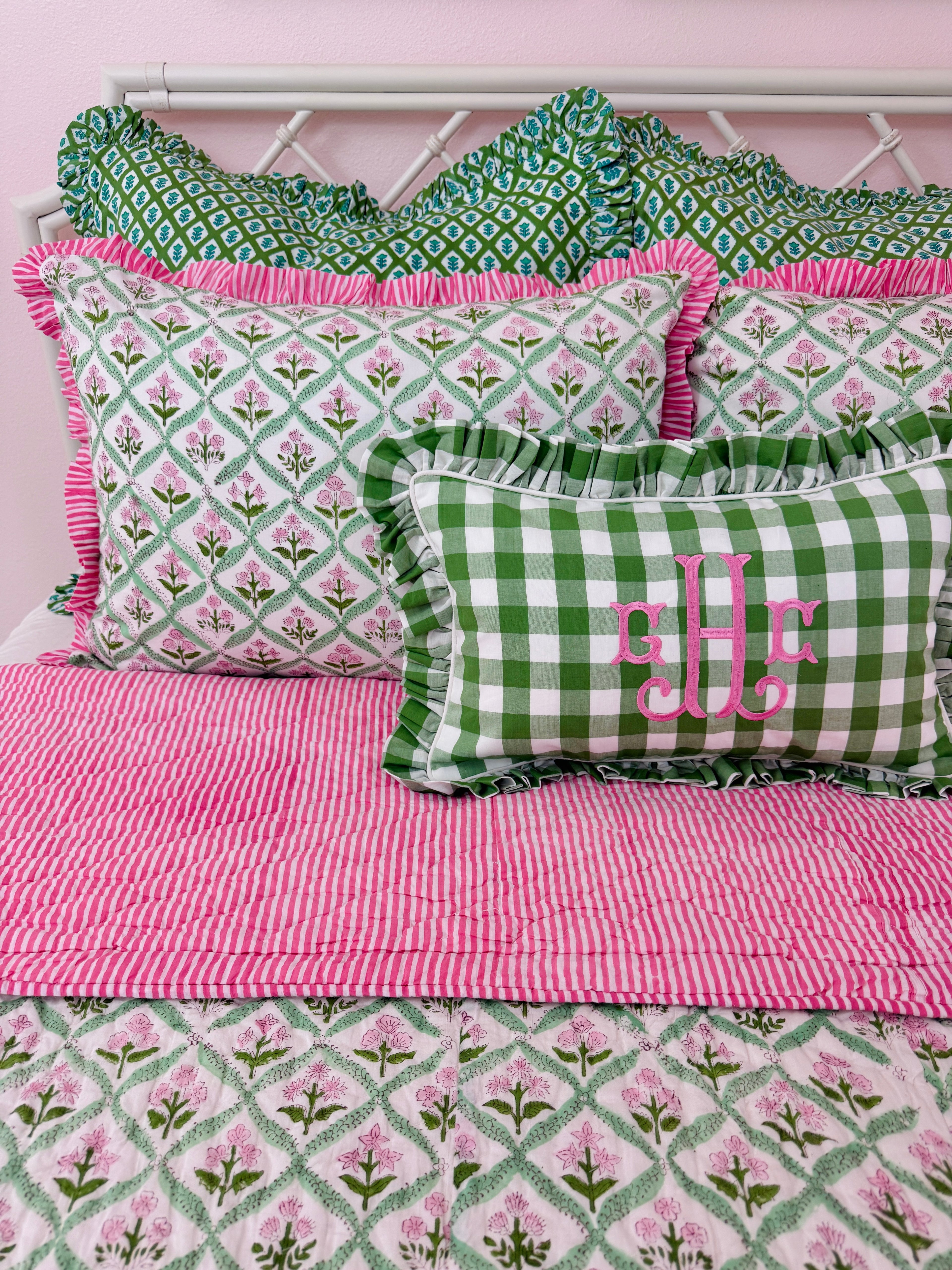 Hot pink and green floral trellis block print bedding collection