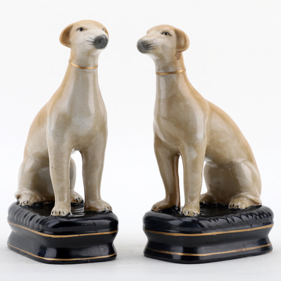 Staffordshire dog pair Whippets on cushions 8.5” tall