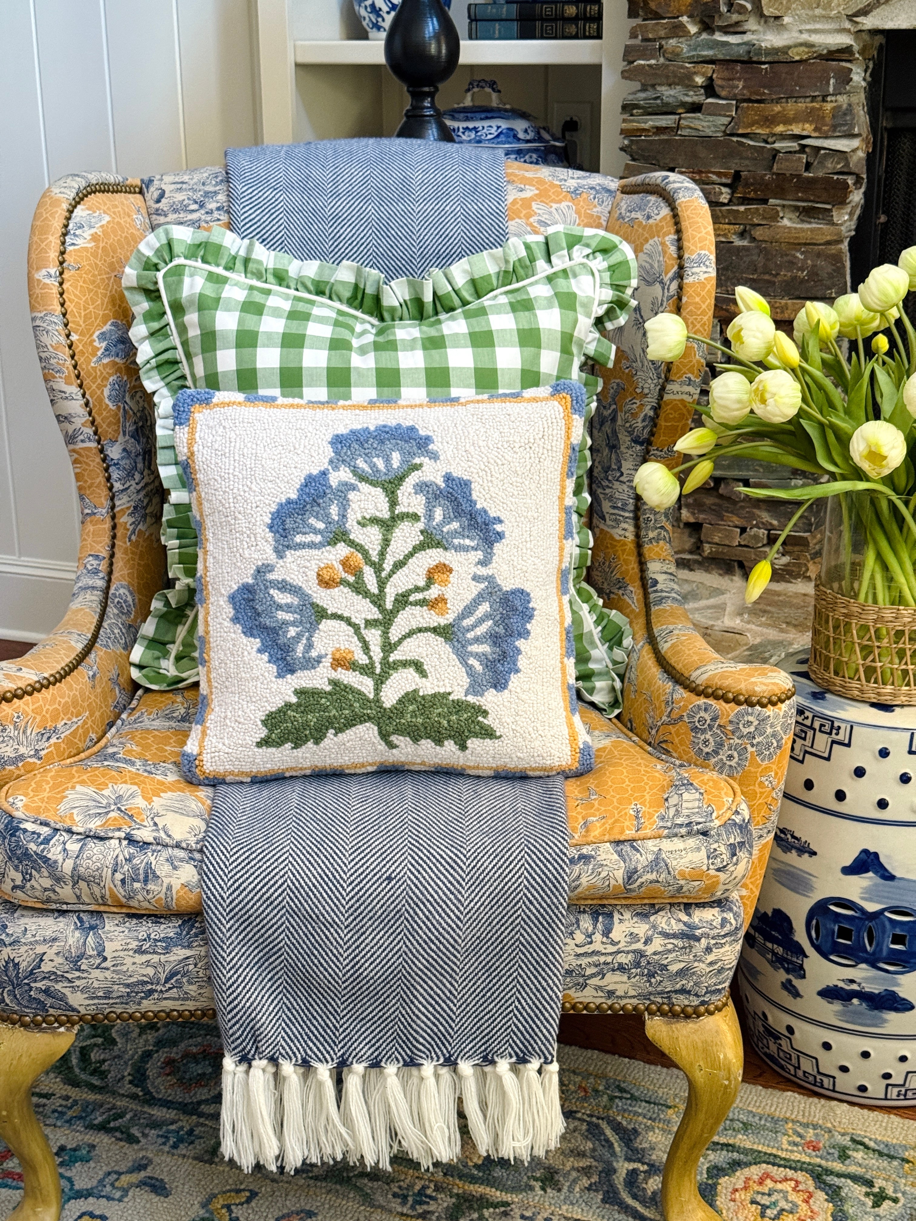 Mughal blue flower hand hooked pillow