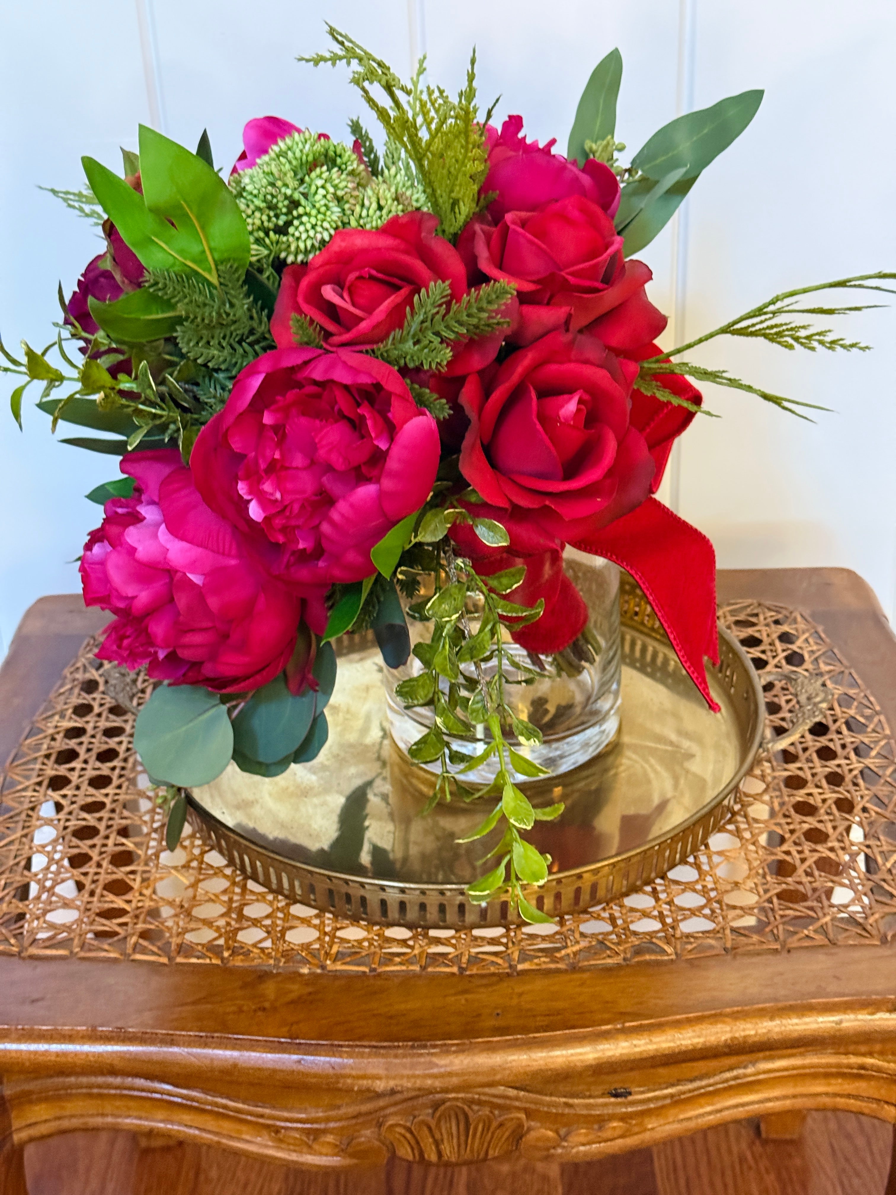 Fuchsia, magenta, and red winter faux floral drop-in bouquet