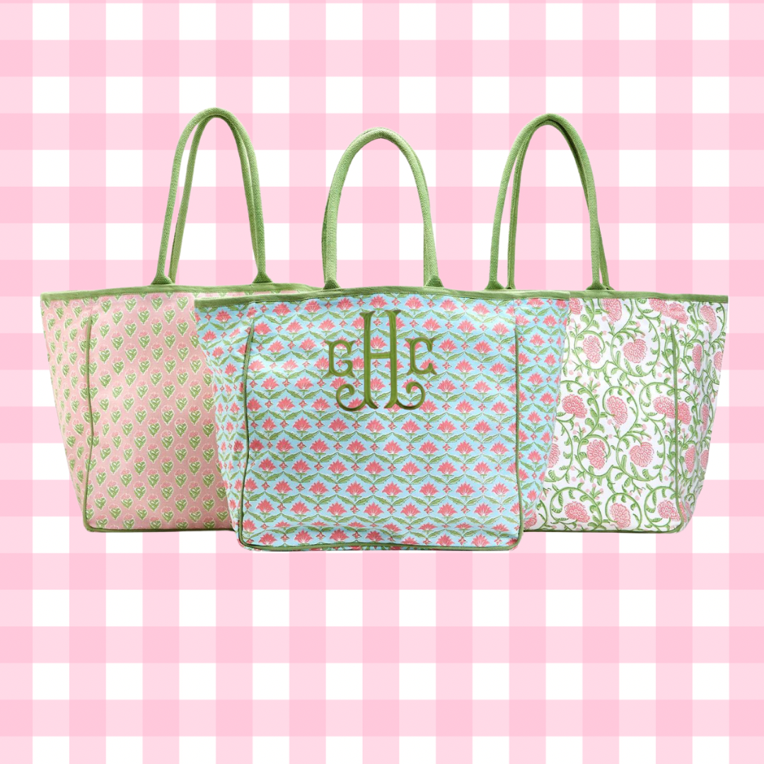 Floral block print tote bag 3 colors monogram available