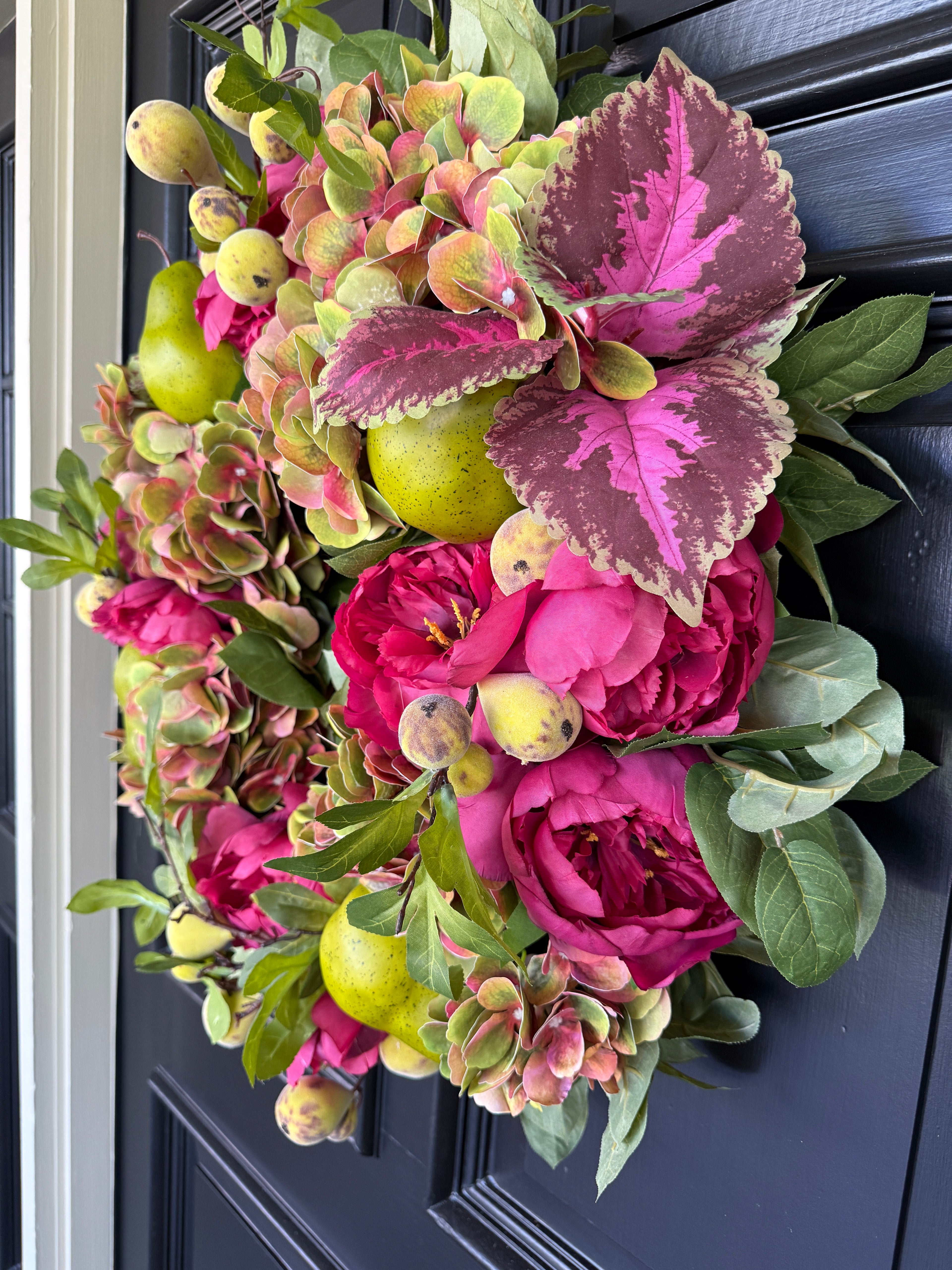 Magenta and pear green hydrangea and coleus floral wreath
