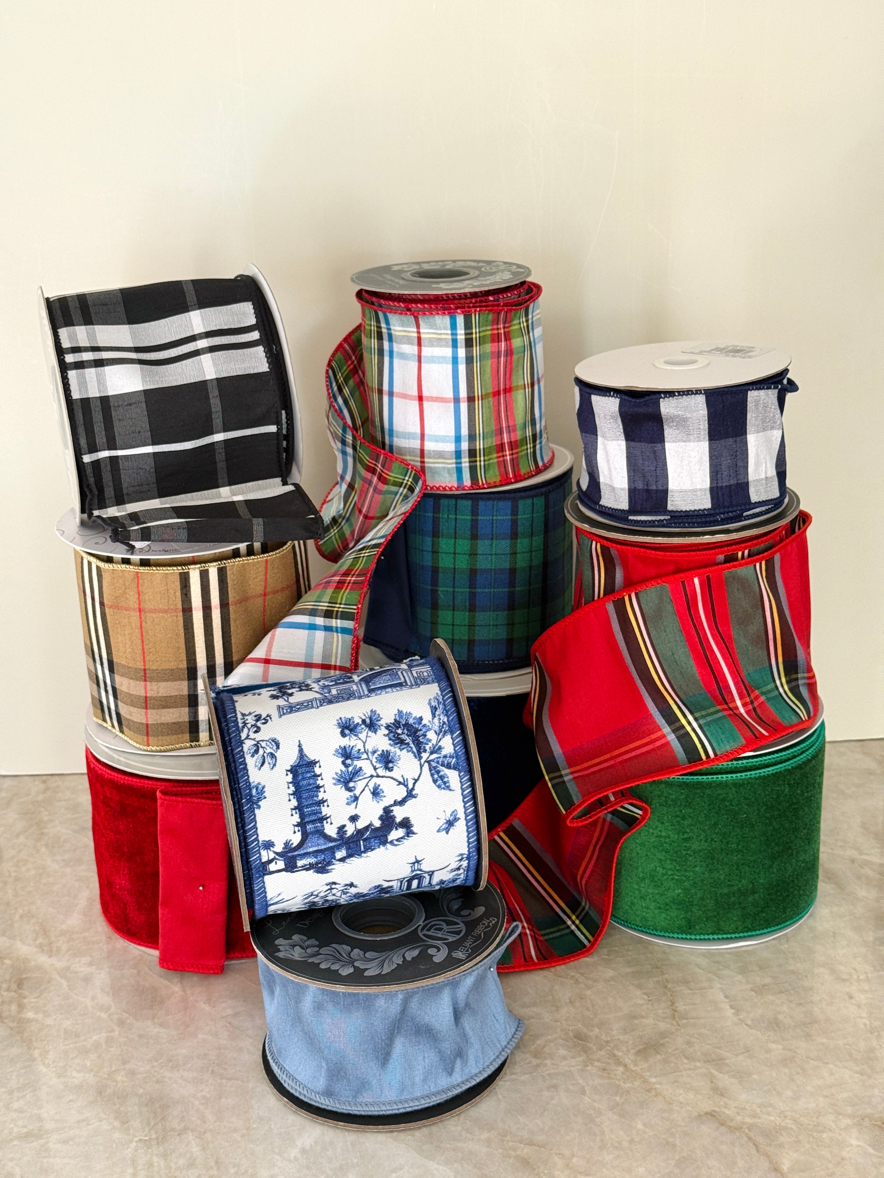 Christmas red tartan plaid ribbon by the roll, 4” x 10 yards