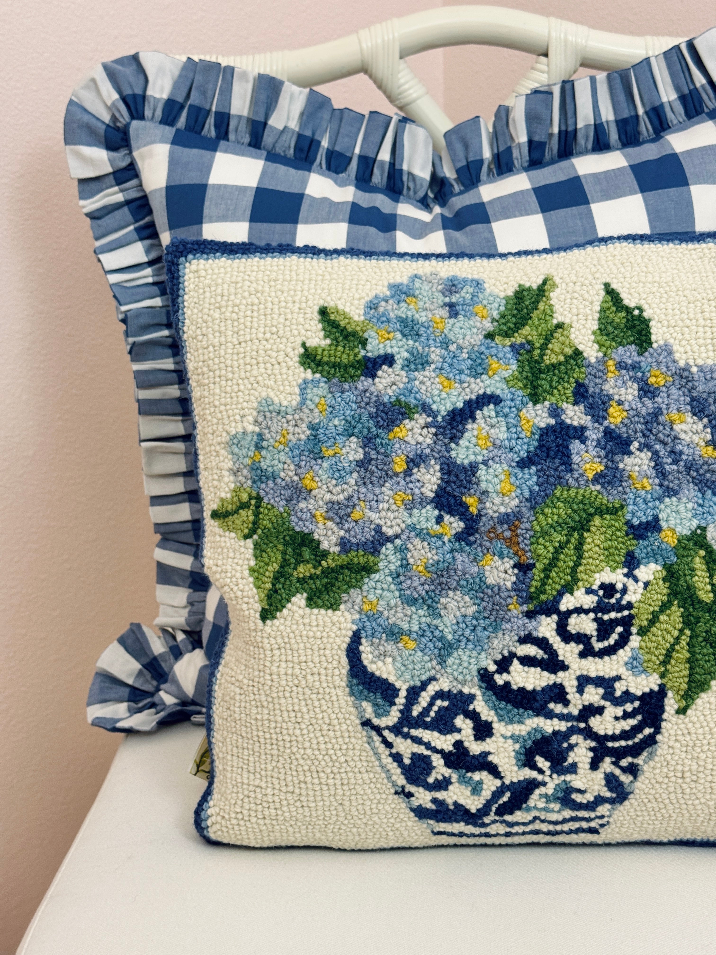 Chinoiserie hydrangeas 1 hand hooked pillow