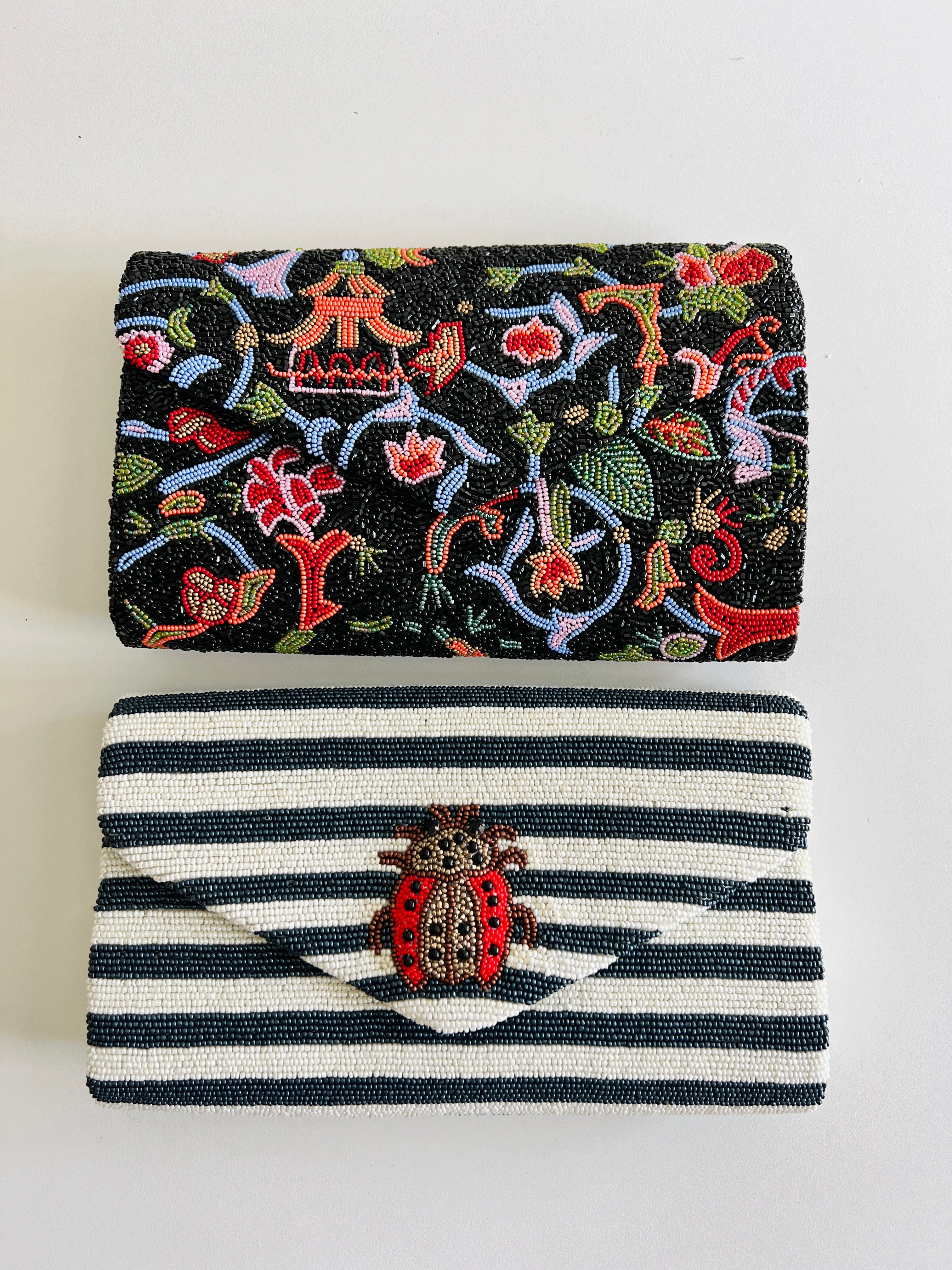 Hand beaded clutch handbag, black chinoiserie pattern