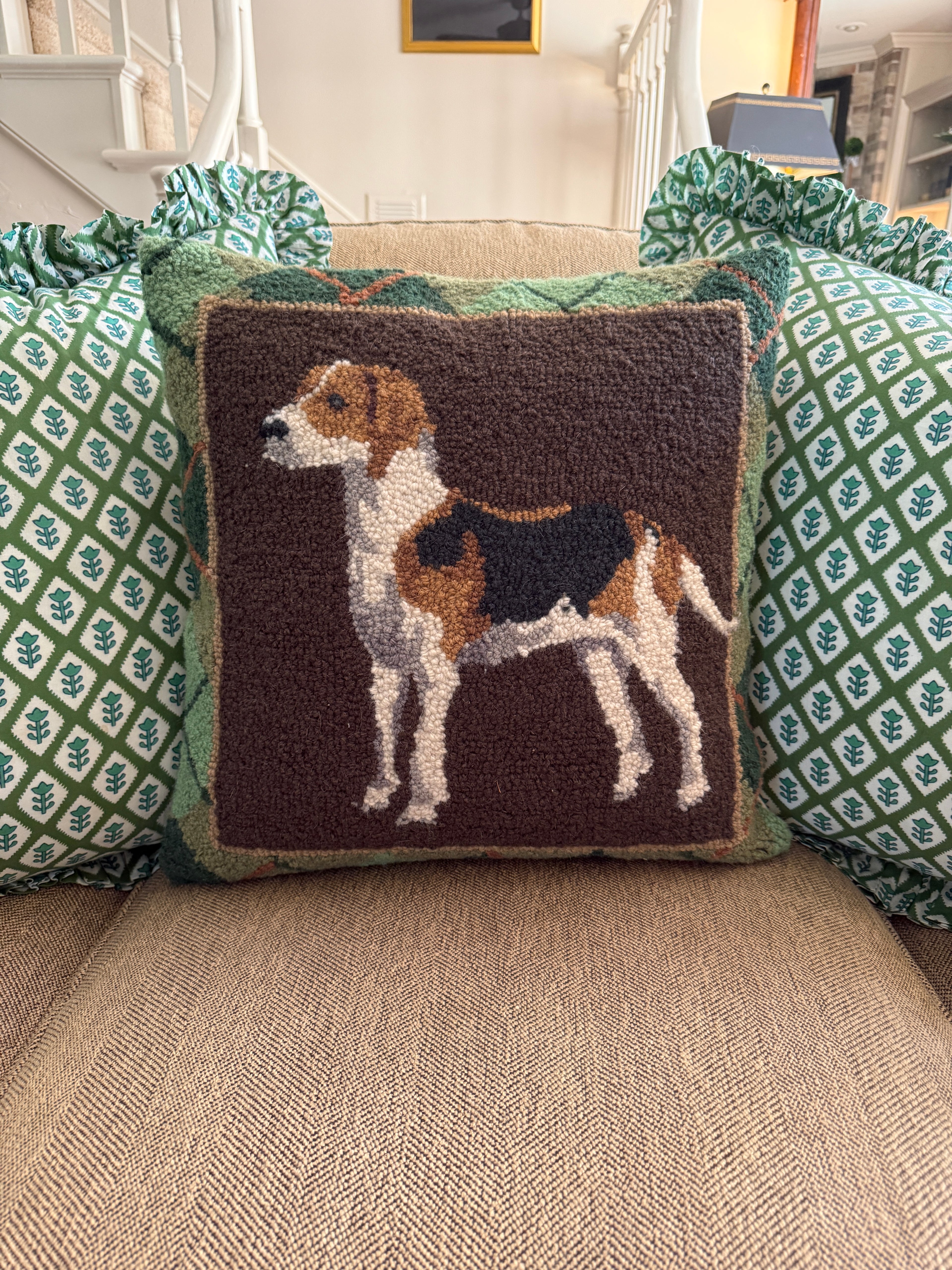 Hand hooked wool foxhound dog pillow