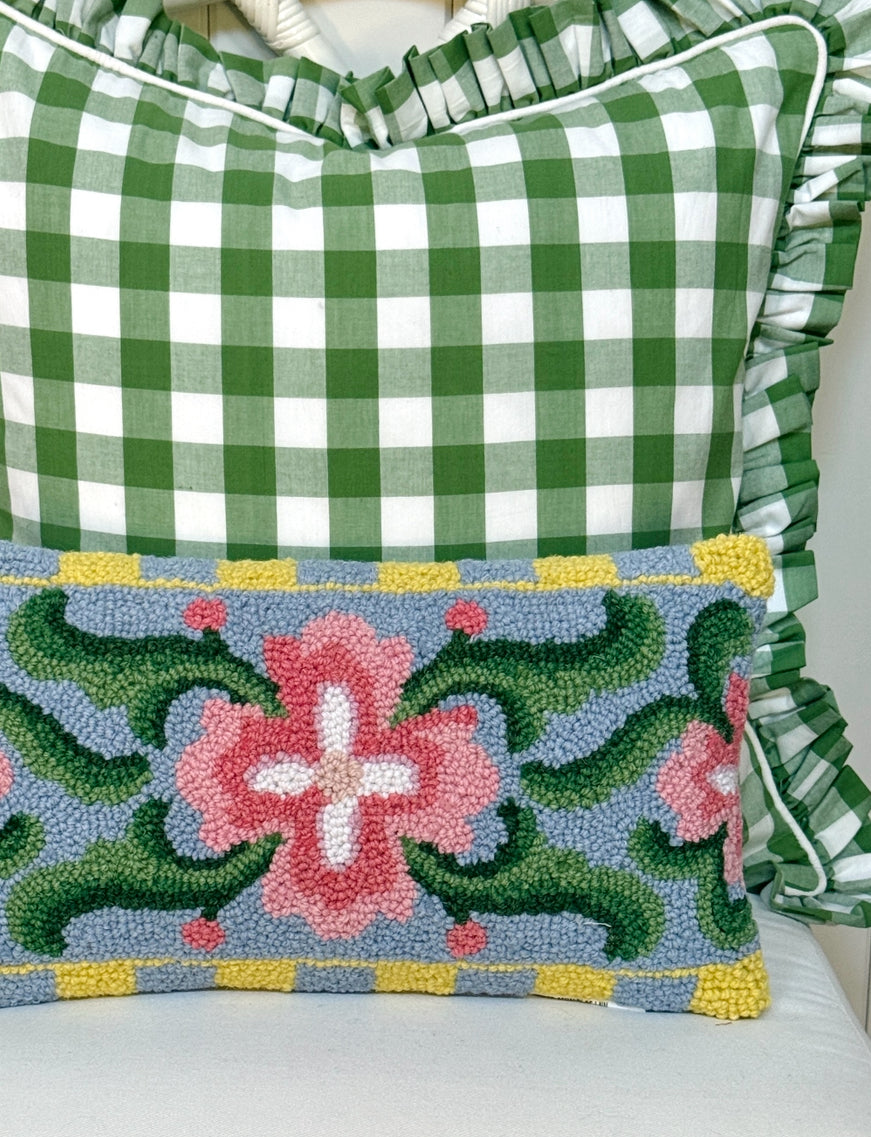 Spring floral tile lumbar pillow, hand hooked