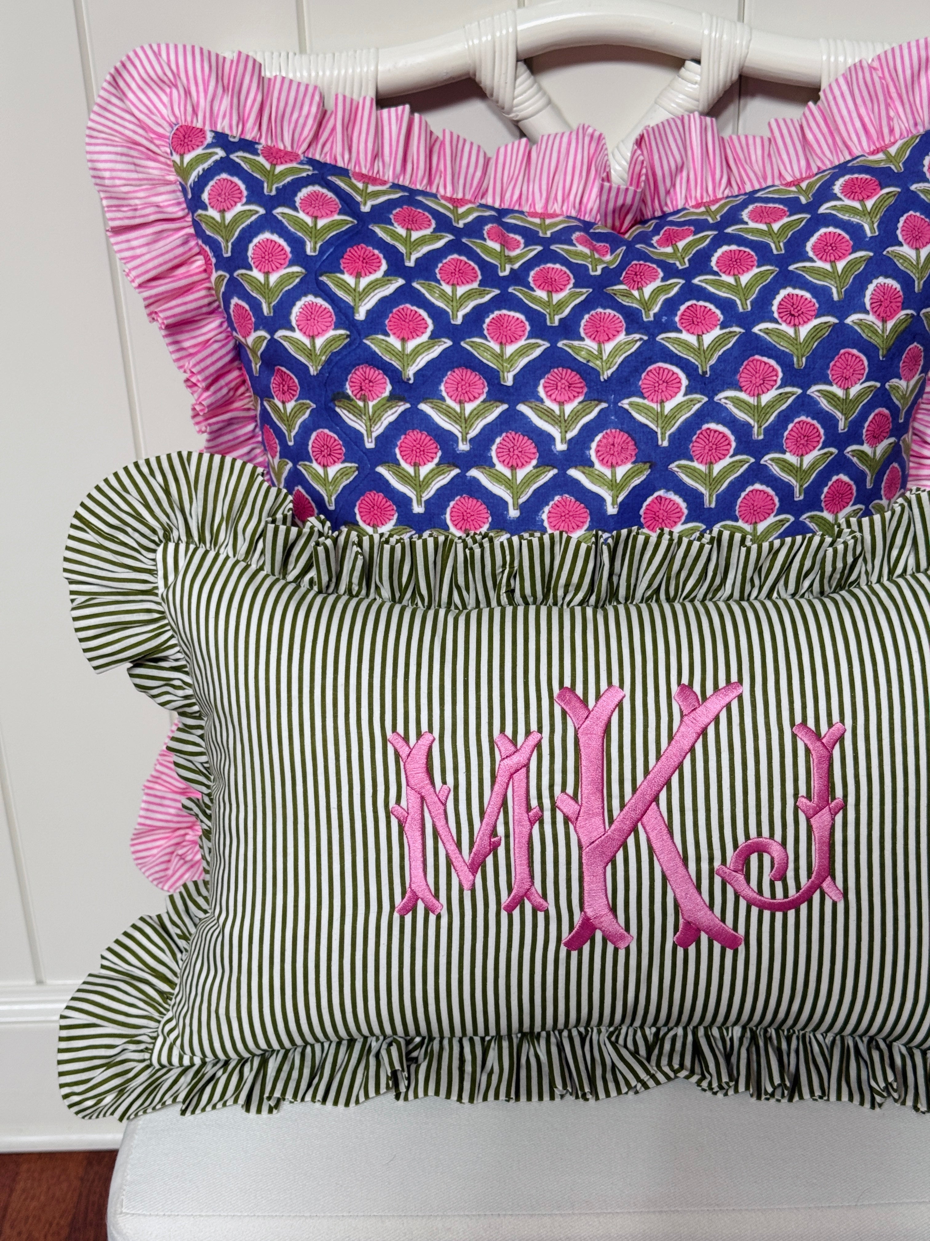 Violet and pink block print floral pillow cover, monogram available