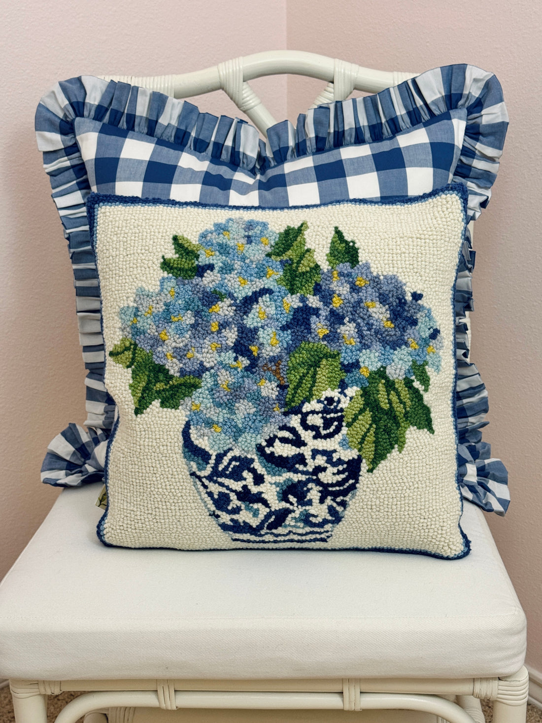 Chinoiserie hydrangeas 1 hand hooked pillow