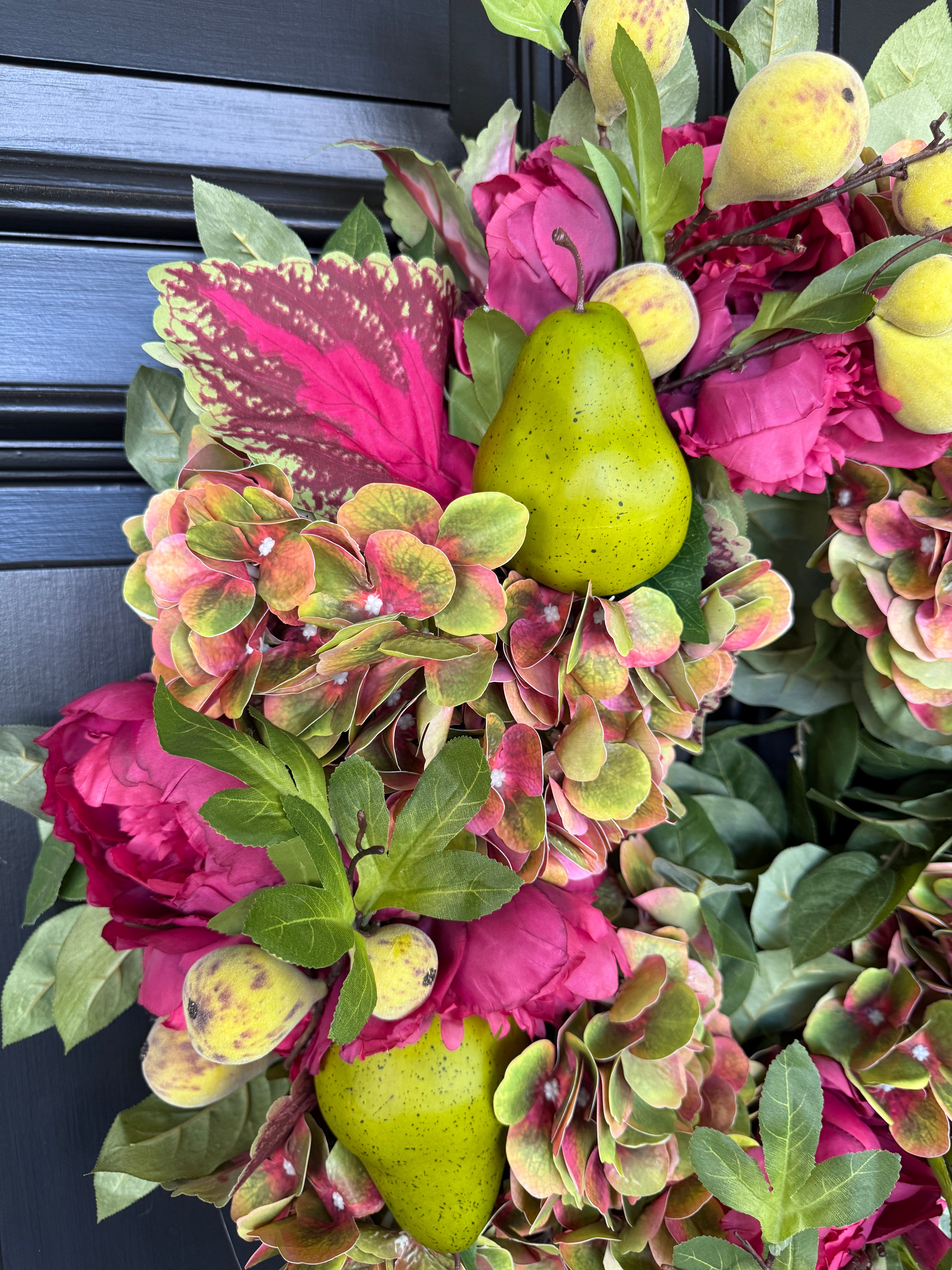 Magenta and pear green hydrangea and coleus floral wreath