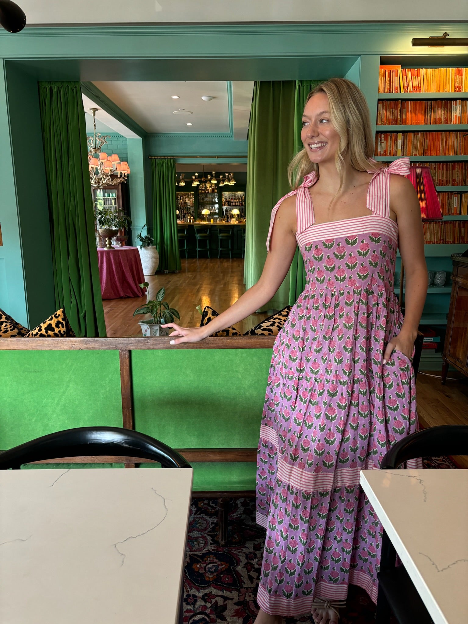Maisie Maxi Dress in Pink Posy block print
