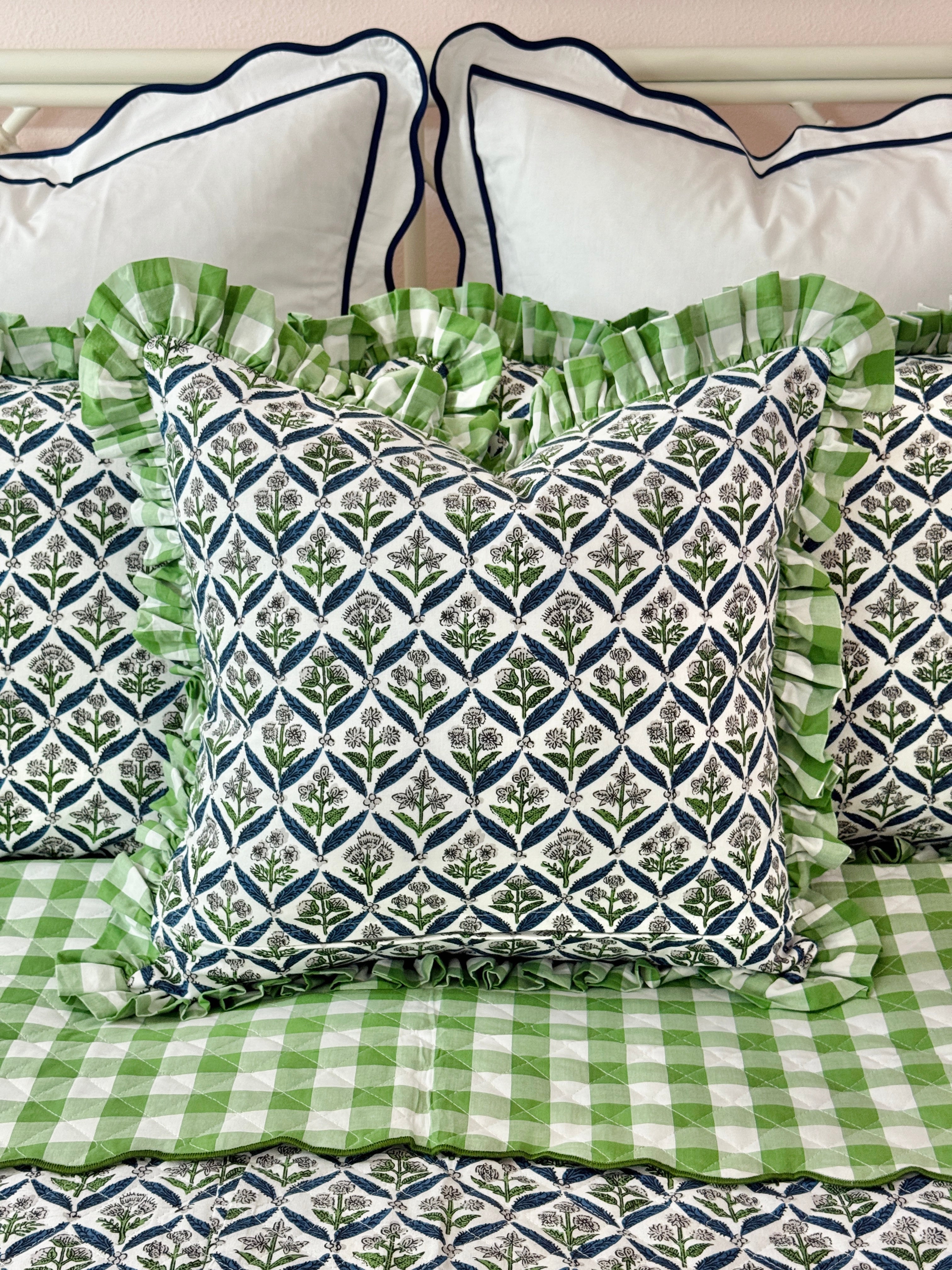 Blue and green floral trellis block print bedding collection