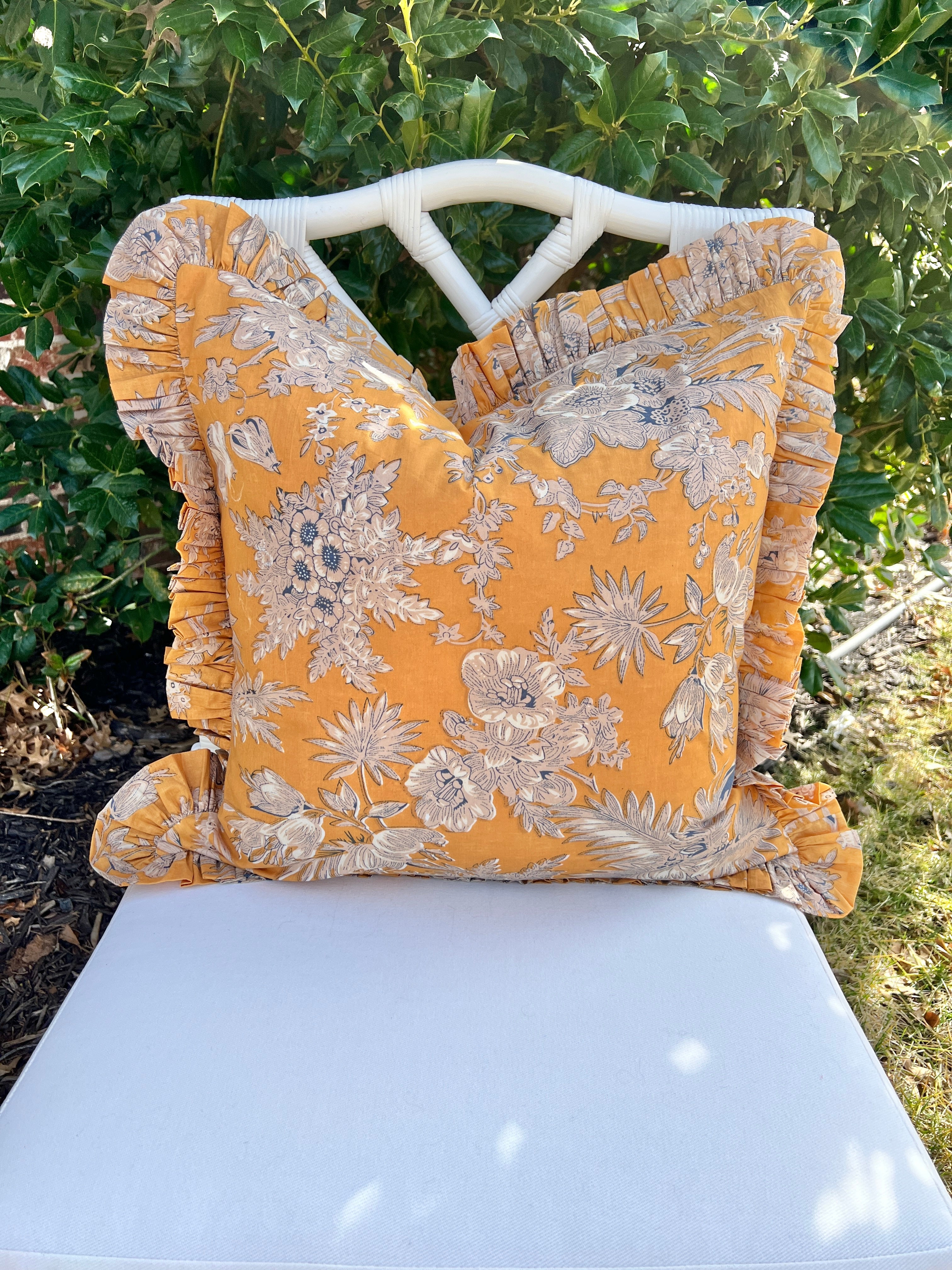 Marigold yellow floral toile pillow cover with ruffle trim