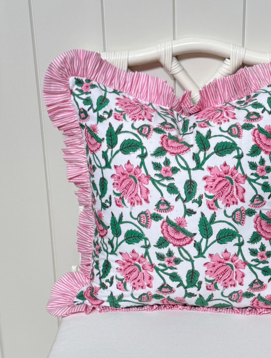 Pink and emerald green vine floral block print pillow cover with pink striped ruffle trim