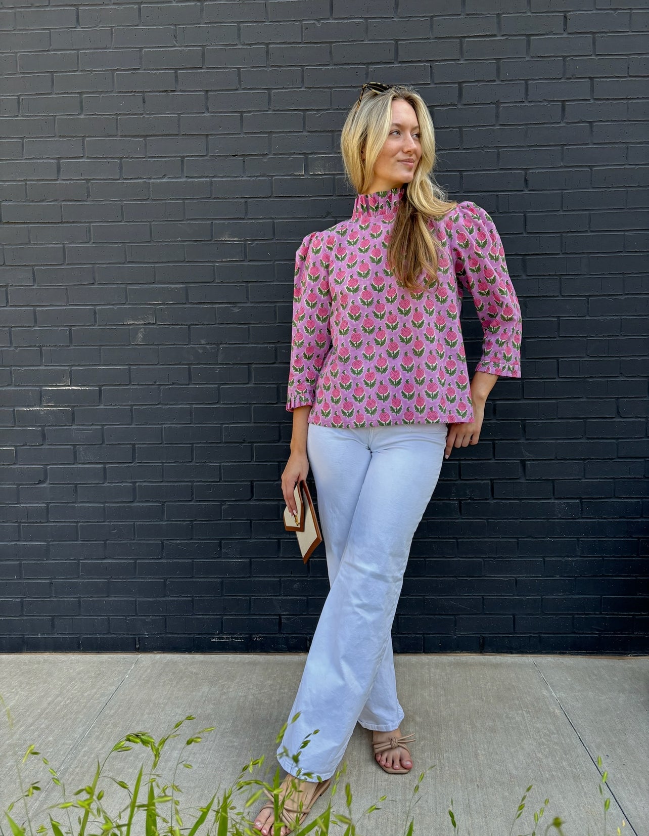 Maisie bow back top in Pink Posy block print