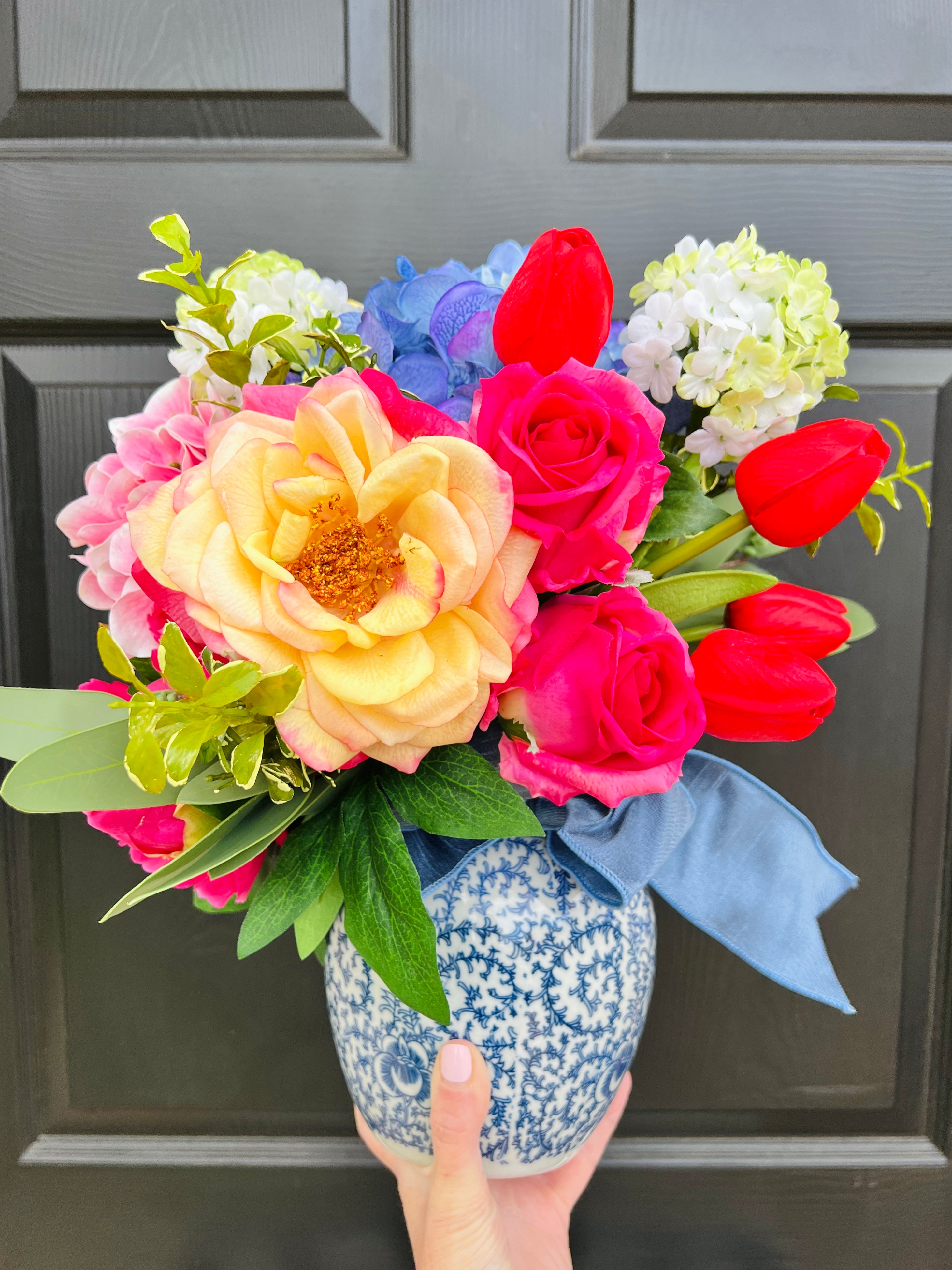 Faux flower drop-in bouquet arrangement, bright colors mixed floral