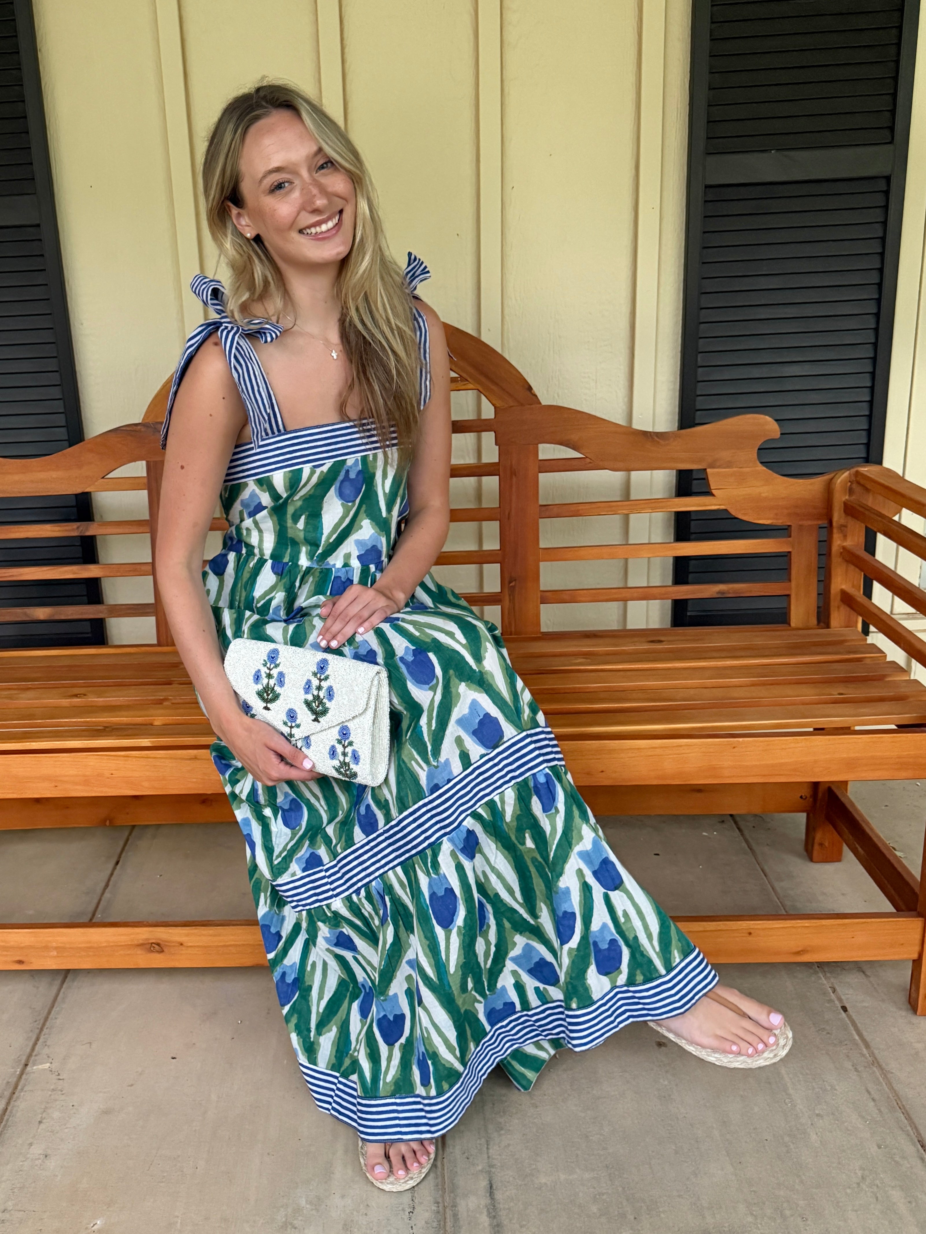 Maisie Maxi Dress in blue and green tulip block print
