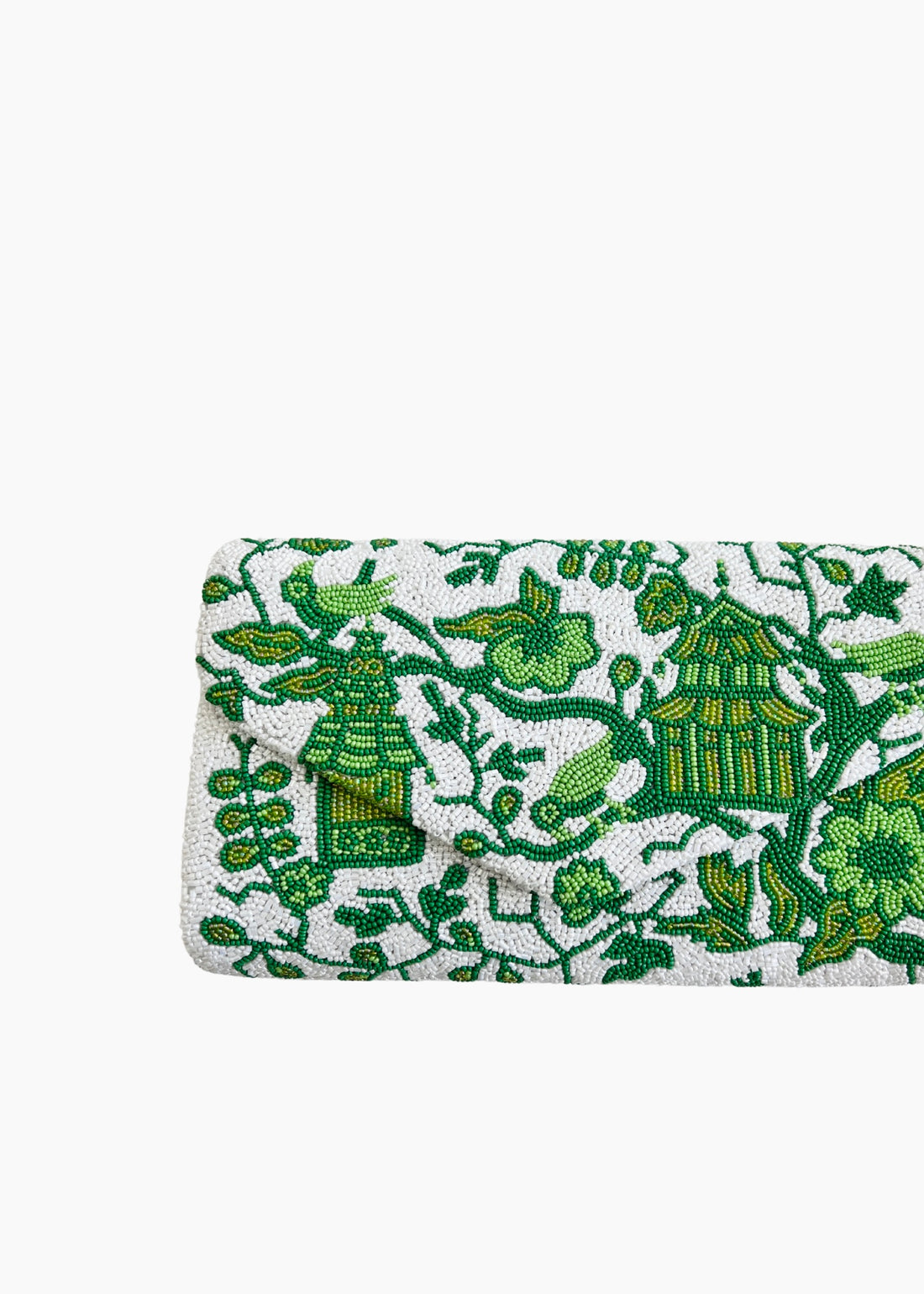 Hand beaded green and white chinoiserie clutch