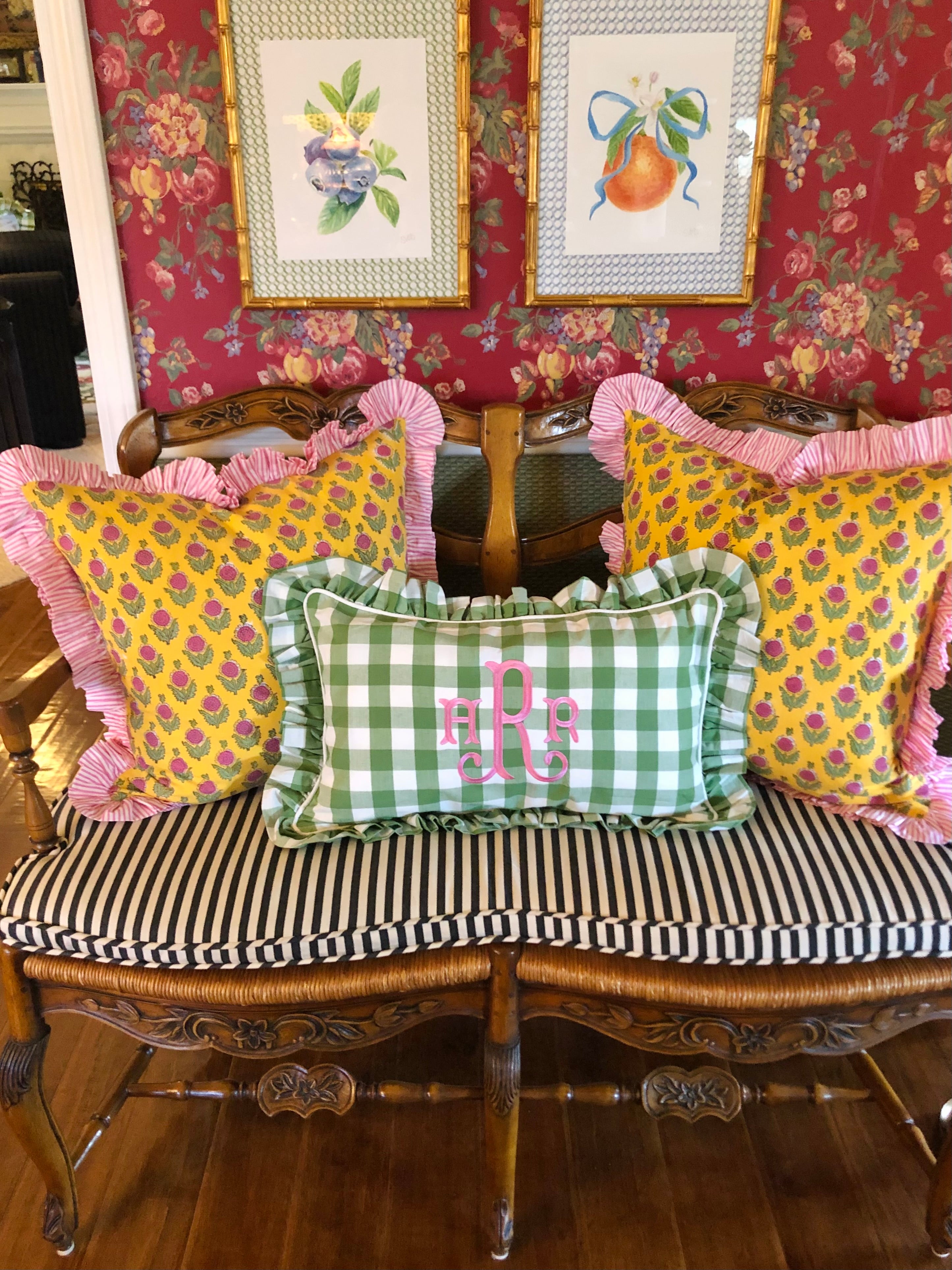 Yellow and pink block print floral pillow cover with pink striped ruffle, monogram available