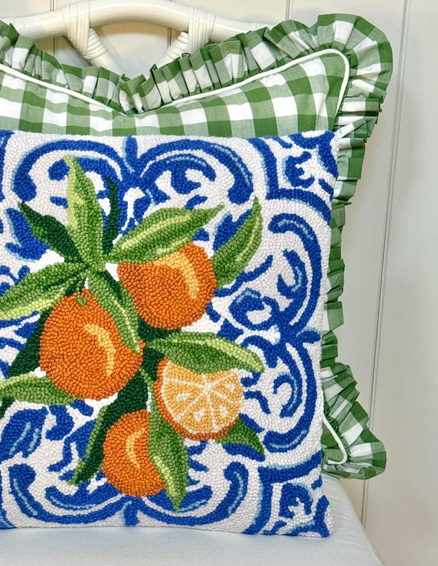 Mediterranean oranges hand hooked pillow