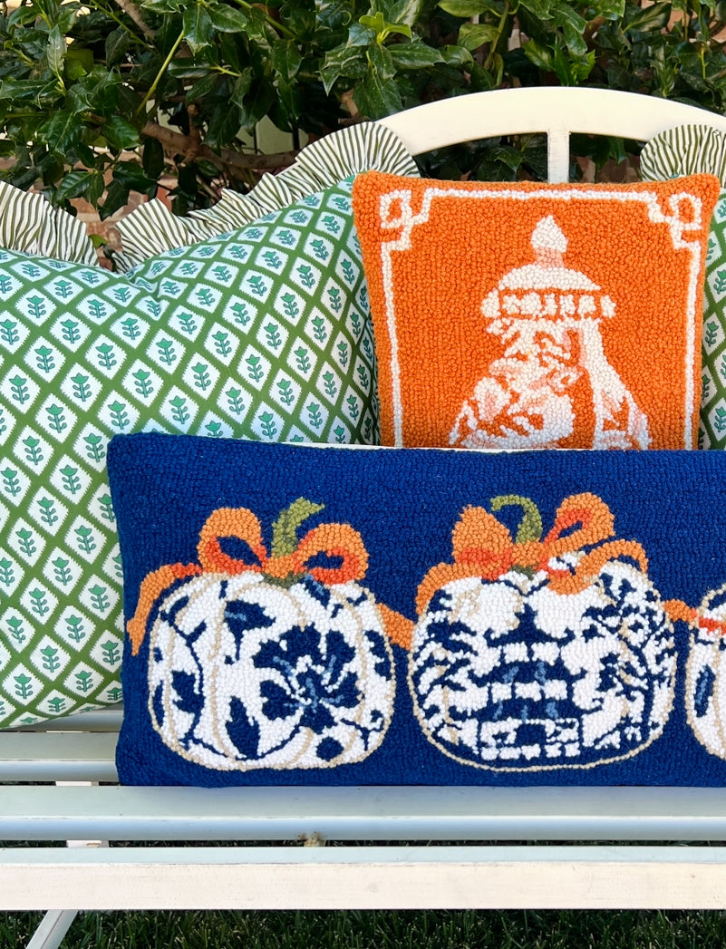 Blue chinoiserie pumpkin hooked pillow